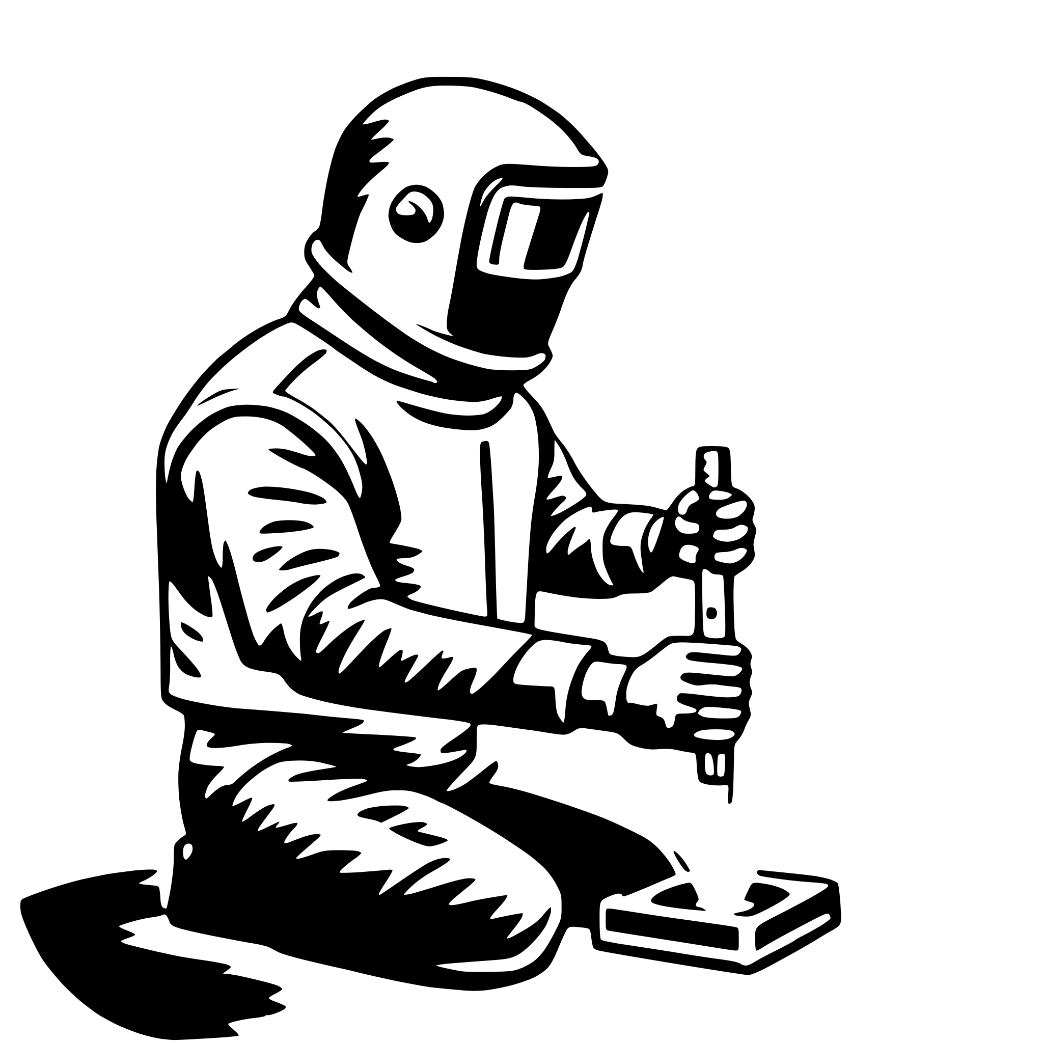 The SVG depicts a stylized, black and white illustration of an astronaut engaged in a task. The astronaut is shown in a crouched position, with one hand holding a tool and the other hand manipulating a small object, possibly a piece of equipment or a tool component. The astronaut is wearing a helmet with a visor, and the suit appears to be a one-piece design with a full-body coverage. The astronaut's posture suggests concentration and focus on the task at hand. The SVG does not contain any text or additional elements. The style of the illustration is simplistic and cartoonish, with bold outlines and minimal shading, which is typical for vector graphics. 
