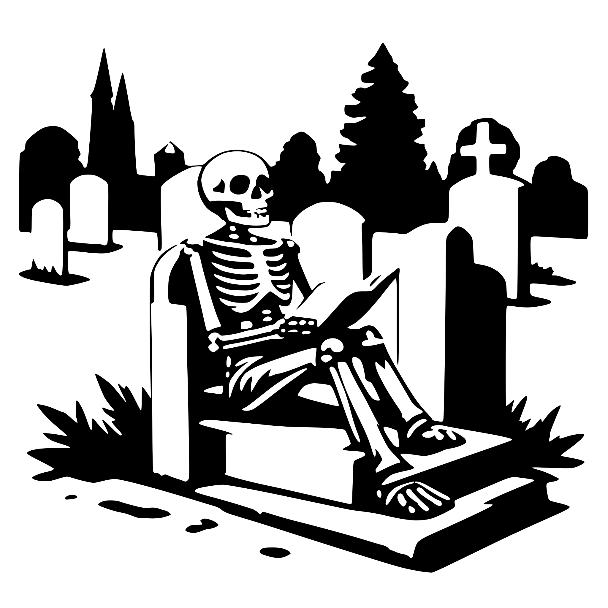 AI-generated SVG of a a reading skeleton on a cemetery