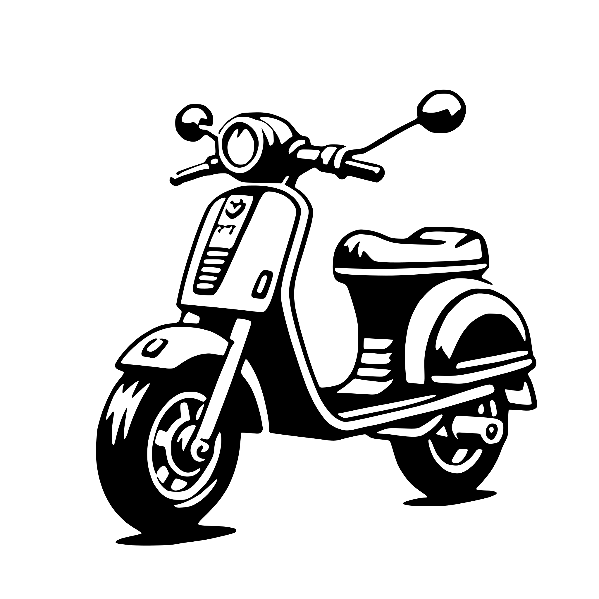 The SVG depicts a stylized, black and white illustration of a moped. The moped features a round headlight, two round side mirrors, a small front fender, a black seat, and two wheels with black tires. The moped is positioned at an angle, with the front wheel slightly turned to the left. The illustration is simple and lacks detail, giving it a cartoon-like appearance. 