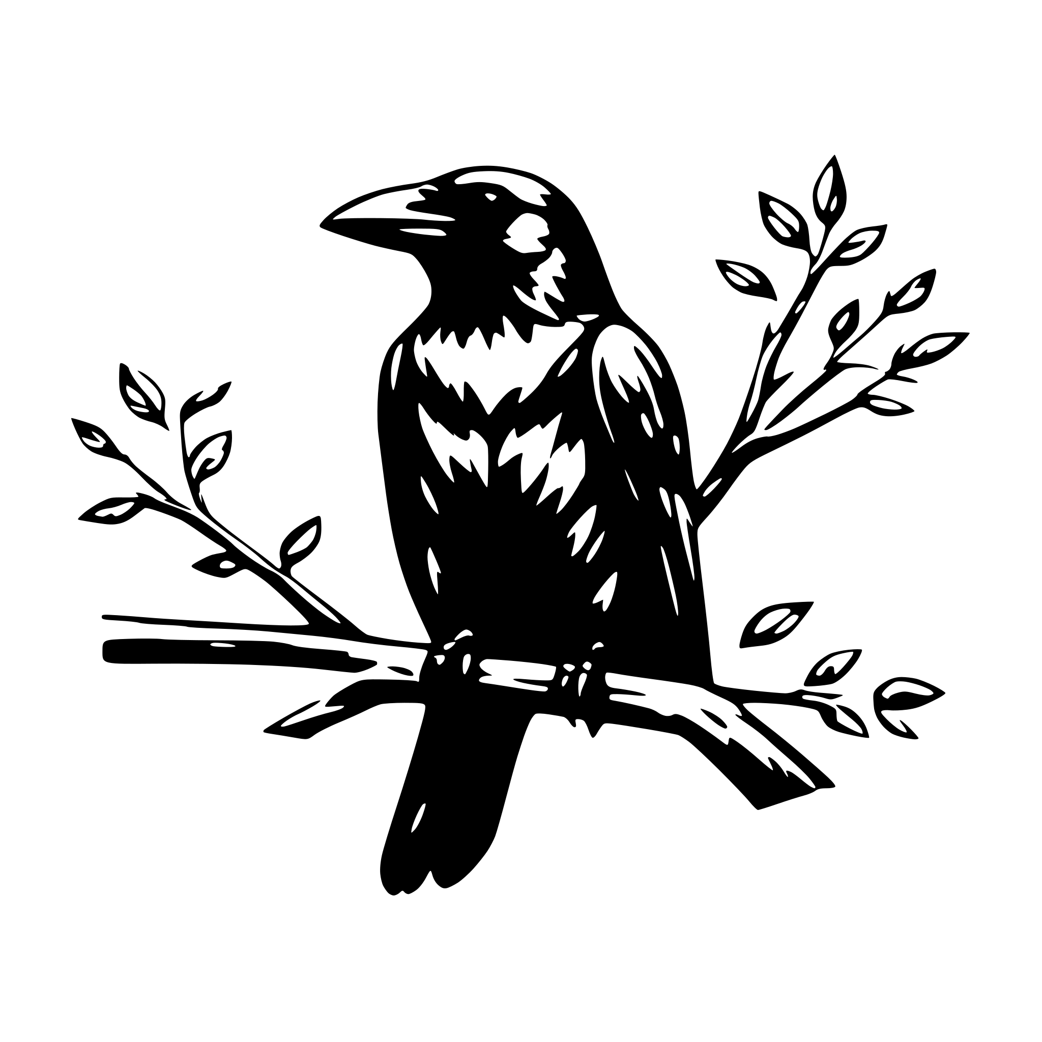 AI-generated SVG of 'Crow sitting on branch wearing crown surrounded by branches'