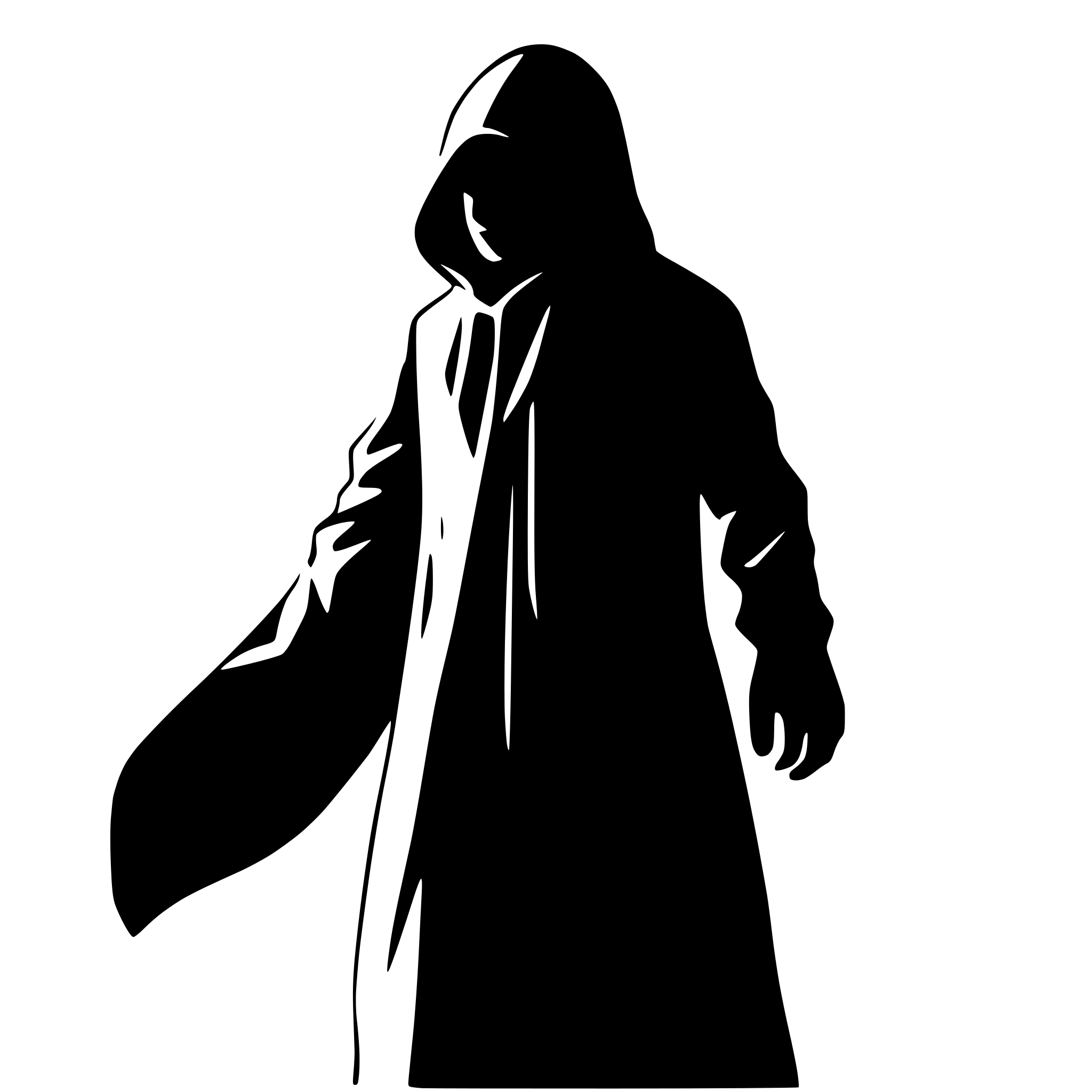 AI-generated SVG of 'side view silhouette of a ghostly hooded figure with arms out. no face.  engraving style'