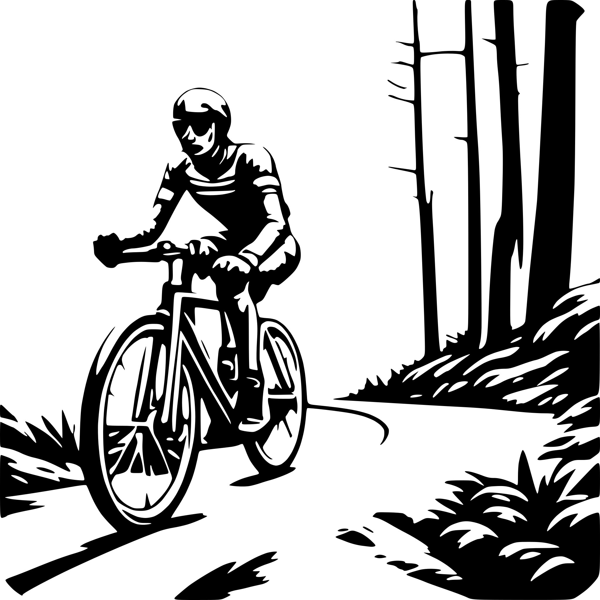 AI-generated SVG of 'create me a lineart of a cyclist on his race cycle driving through a forrest uphill in a bird eye view'