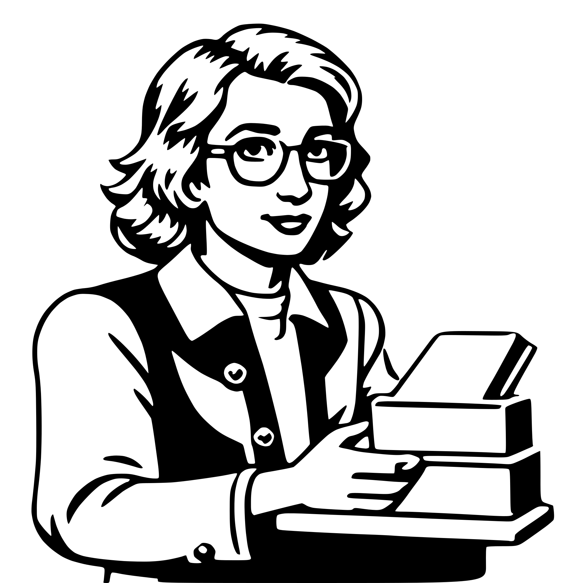 The SVG depicts a stylized illustration of a person, likely a woman, wearing glasses and a vest. She is holding a stack of books in her hands. The illustration is simple and uses solid lines and flat colors, typical of vector graphics. The person is smiling and appears to be in a positive mood. The books are depicted with a simple, flat design, suggesting they are a significant part of the SVG. The overall style is clean and modern, with a limited color palette. 