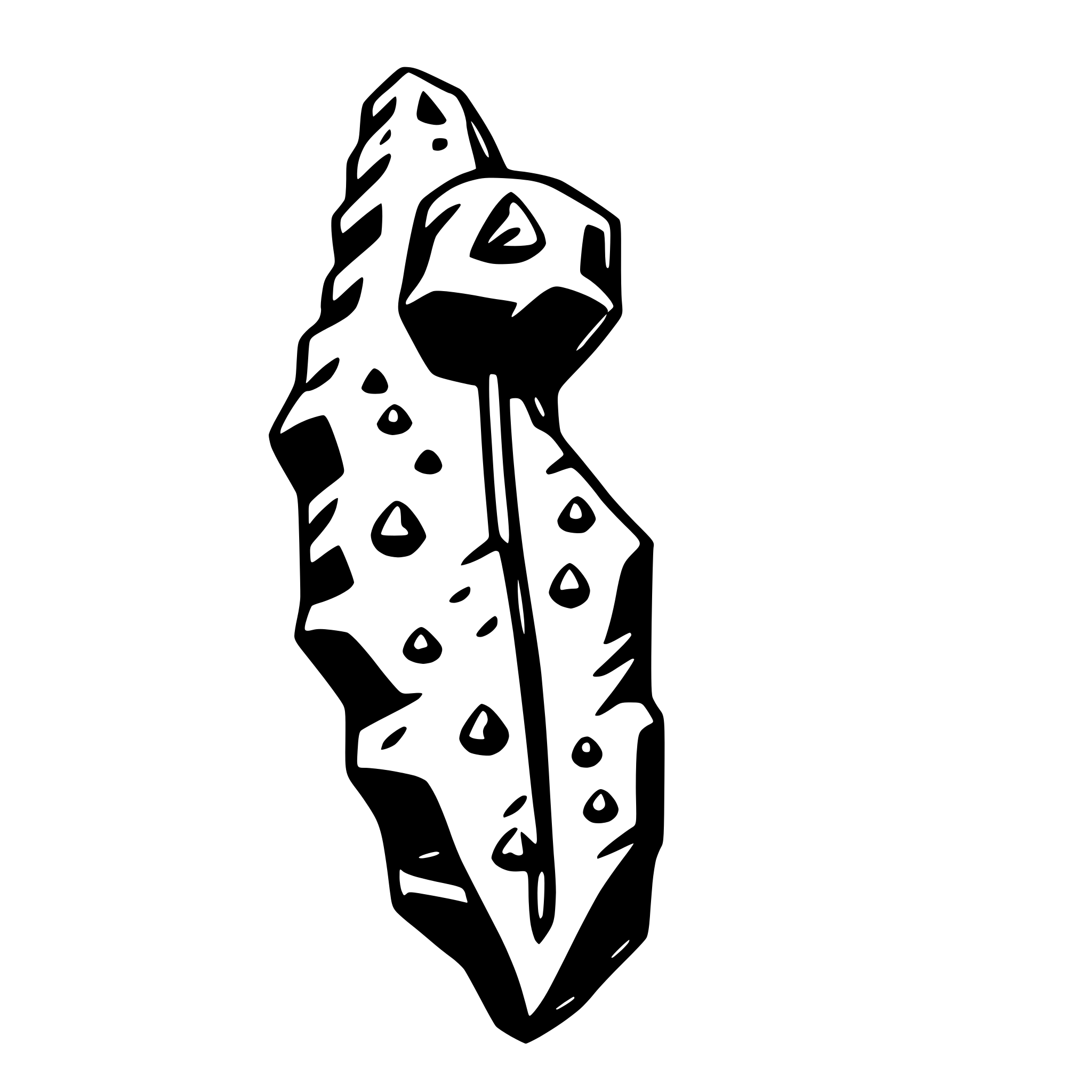 The SVG shows a stylized graphic of a shield with a pointed top, resembling a spear or arrowhead. The shield has a rough, textured surface with indentations that suggest it is made of a material with a grainy or rough texture. There is a vertical line or rod extending from the top of the shield, which could be interpreted as a handle or a part of the weapon. The overall design is simple and abstract, with no additional details or embellishments. The SVG is a vector graphic, which means it can be scaled up or down without losing quality. 