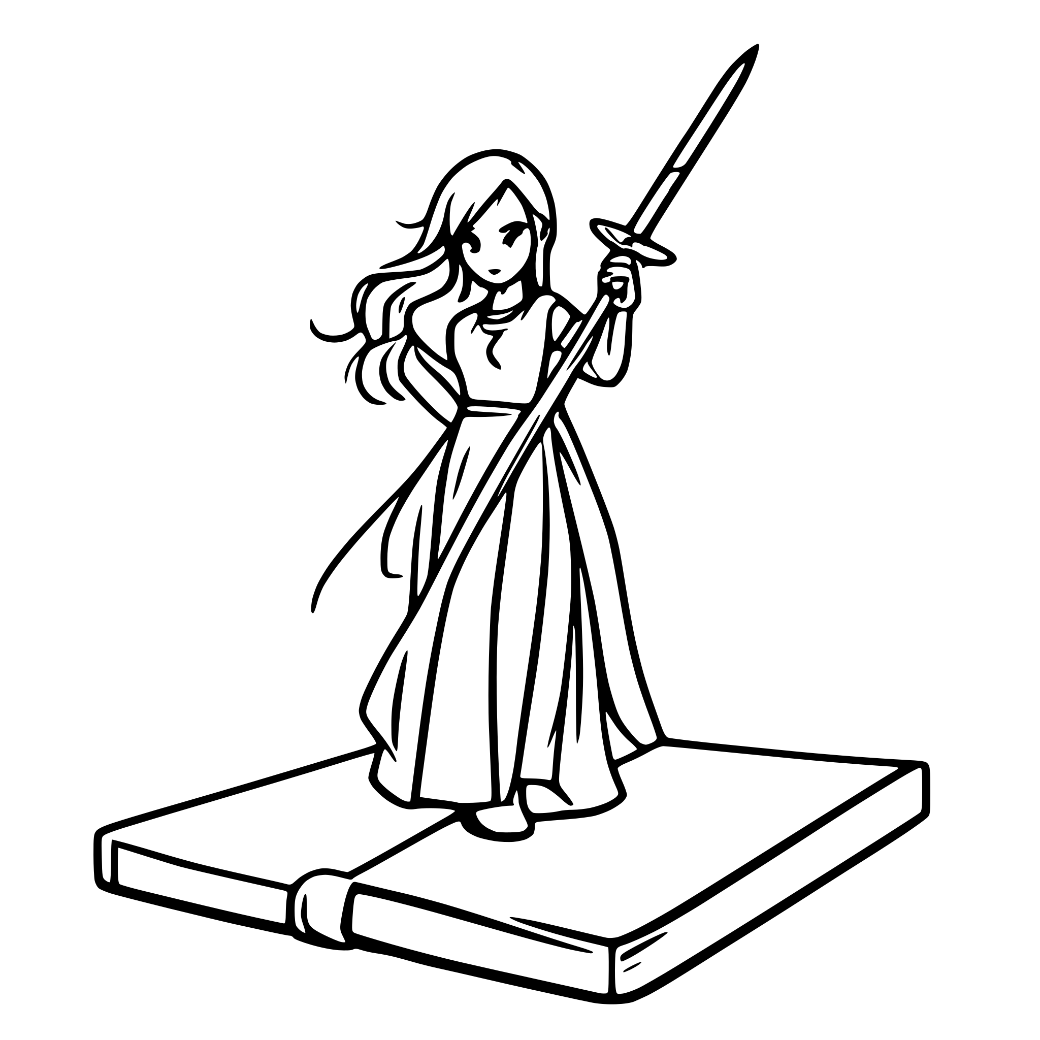 AI-generated SVG of a a heroine holding a sword standing on top of a huge opened book, light like a sun over book
