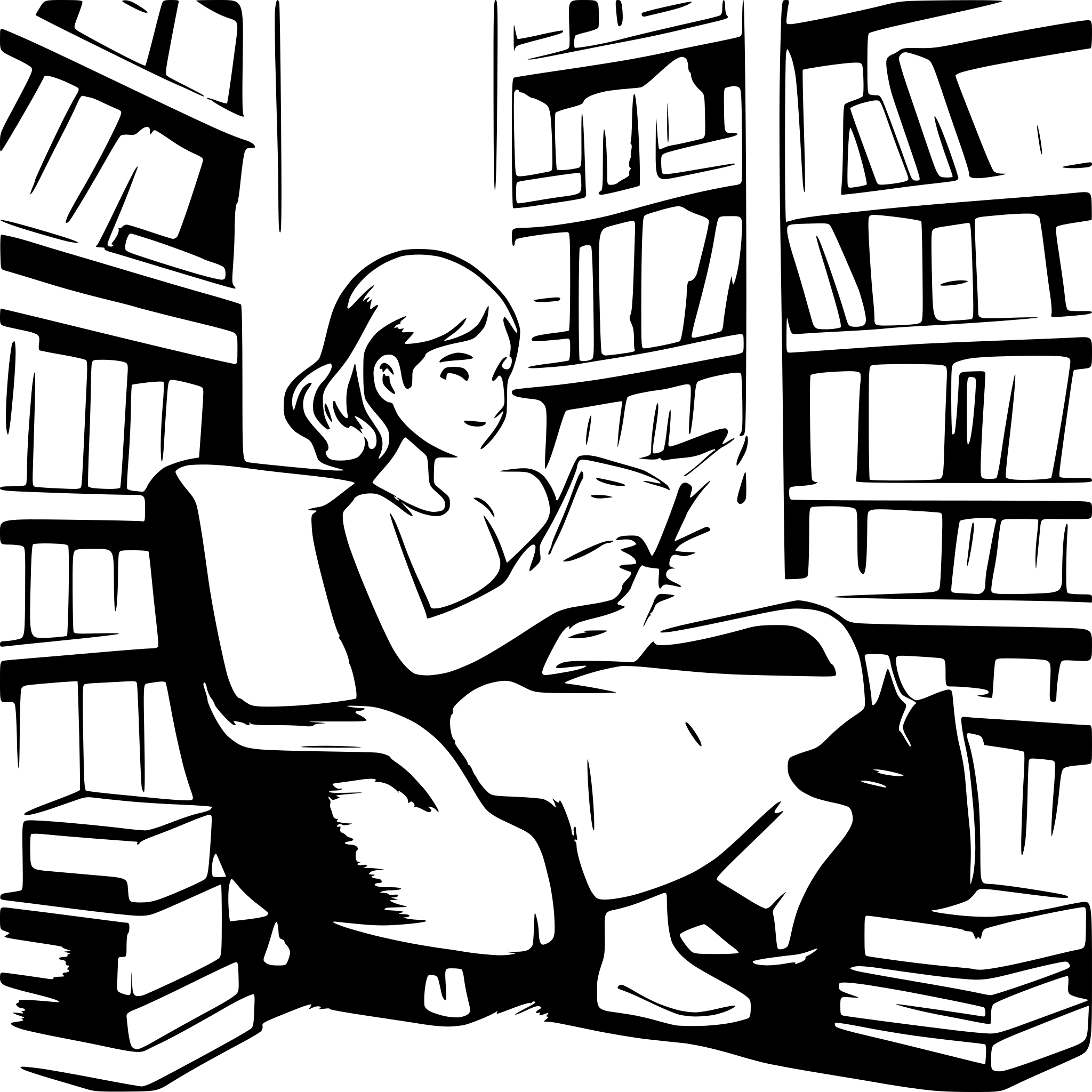 AI-generated SVG of a In a cozy library, a young woman reads a book in warm sunlight. Tall shelves of novels surround her, while a cat lounges in the corner, creating a peaceful and inviting atmosphere.