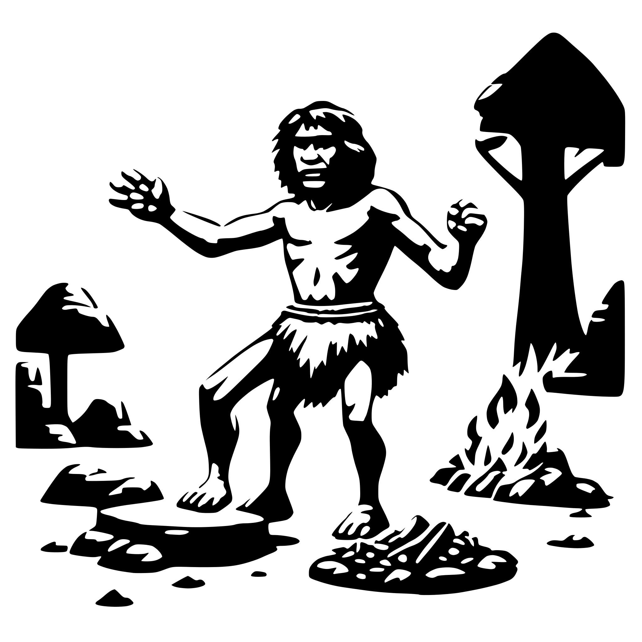 AI-generated SVG of a animated caveman dancing around a fire in a cave