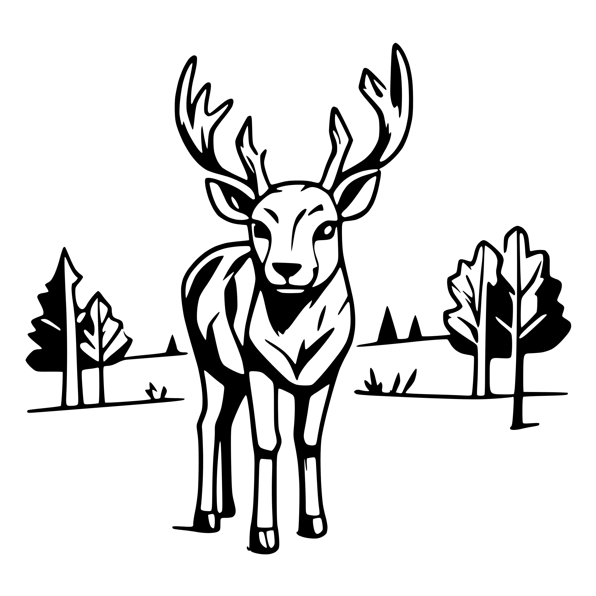 AI-generated SVG of a buck deer in field with trees and mountains in background