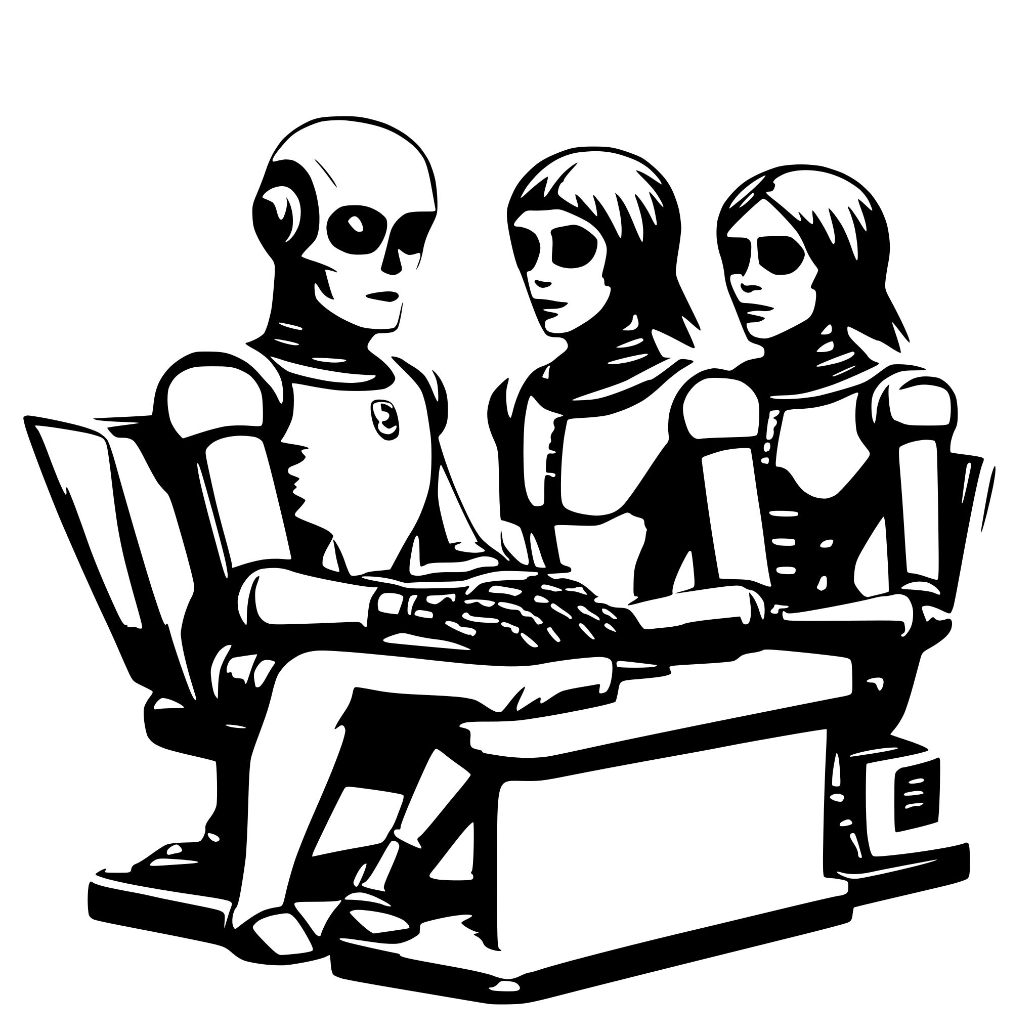AI-generated SVG of 'Team of 3 AI Robo Humans side by side looks like hackers sitting on front of laptops and programming something'