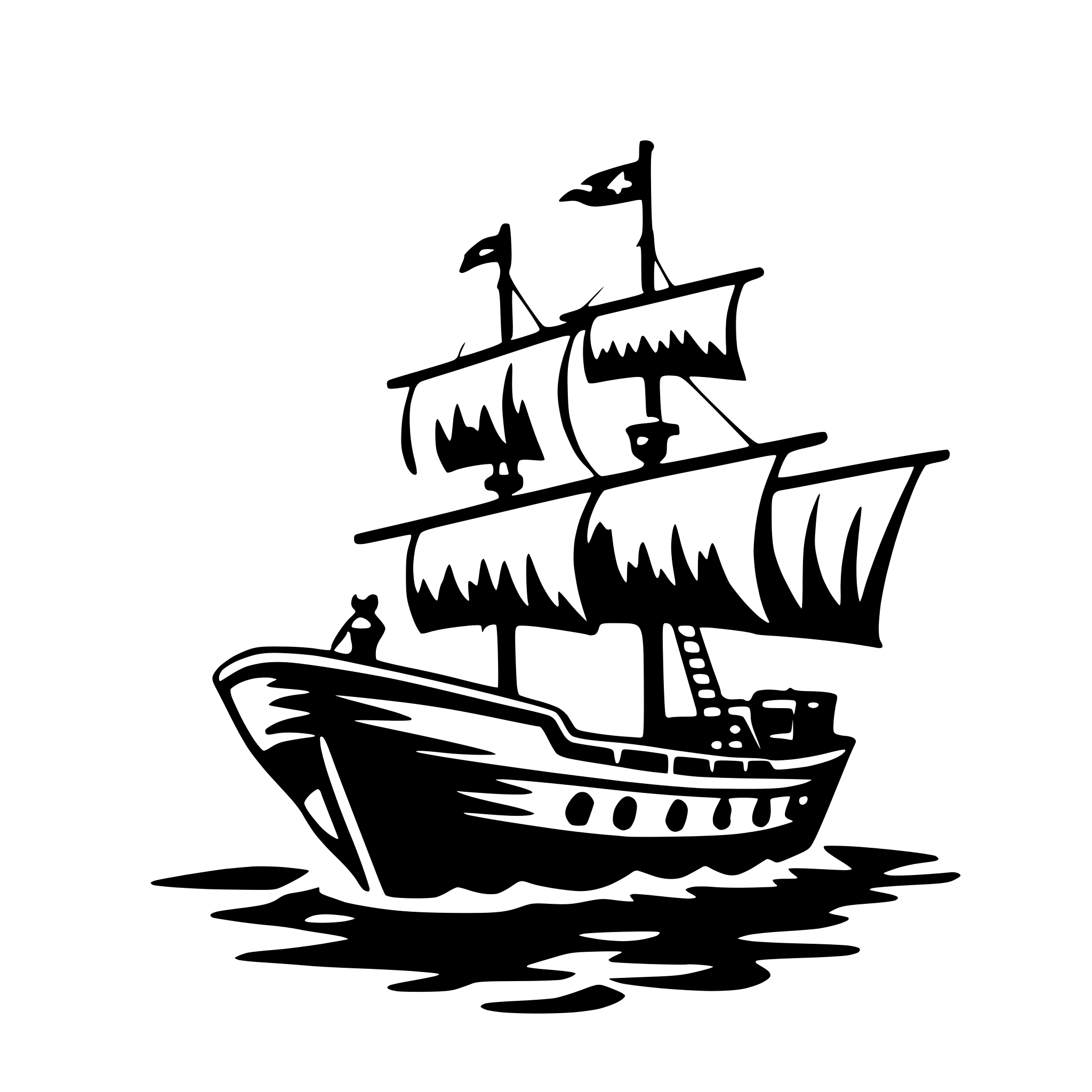 The SVG depicts a stylized black and white illustration of a sailing ship on water. The ship has multiple sails, a hull, and a mast with a flag on top. There are two figures on the deck of the ship, one on the bow and one on the stern, both appear to be engaged in activities related to sailing. The ship is sailing on water, which is represented by a simple wave pattern. The overall style is reminiscent of a classic maritime design. 
