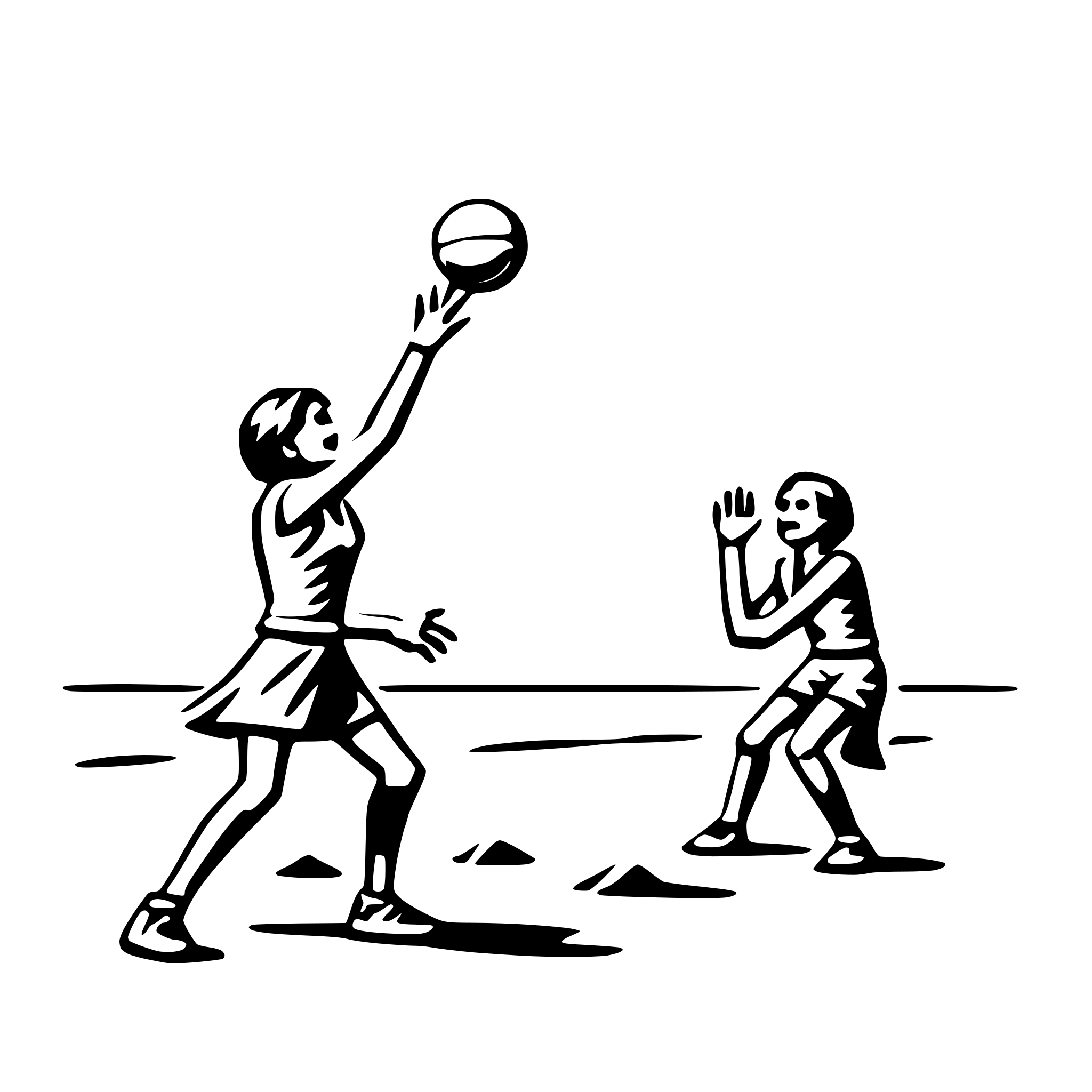 The SVG depicts two stylized figures engaged in a game of basketball. The figure on the left is in the act of shooting the ball, which is shown in mid-air. The figure on the right is positioned to block the shot, with their arms outstretched. The figures are drawn in a simplistic, cartoon-like style, with minimal detail, and are set against a plain background. The interaction between the figures suggests a competitive moment in the game. 