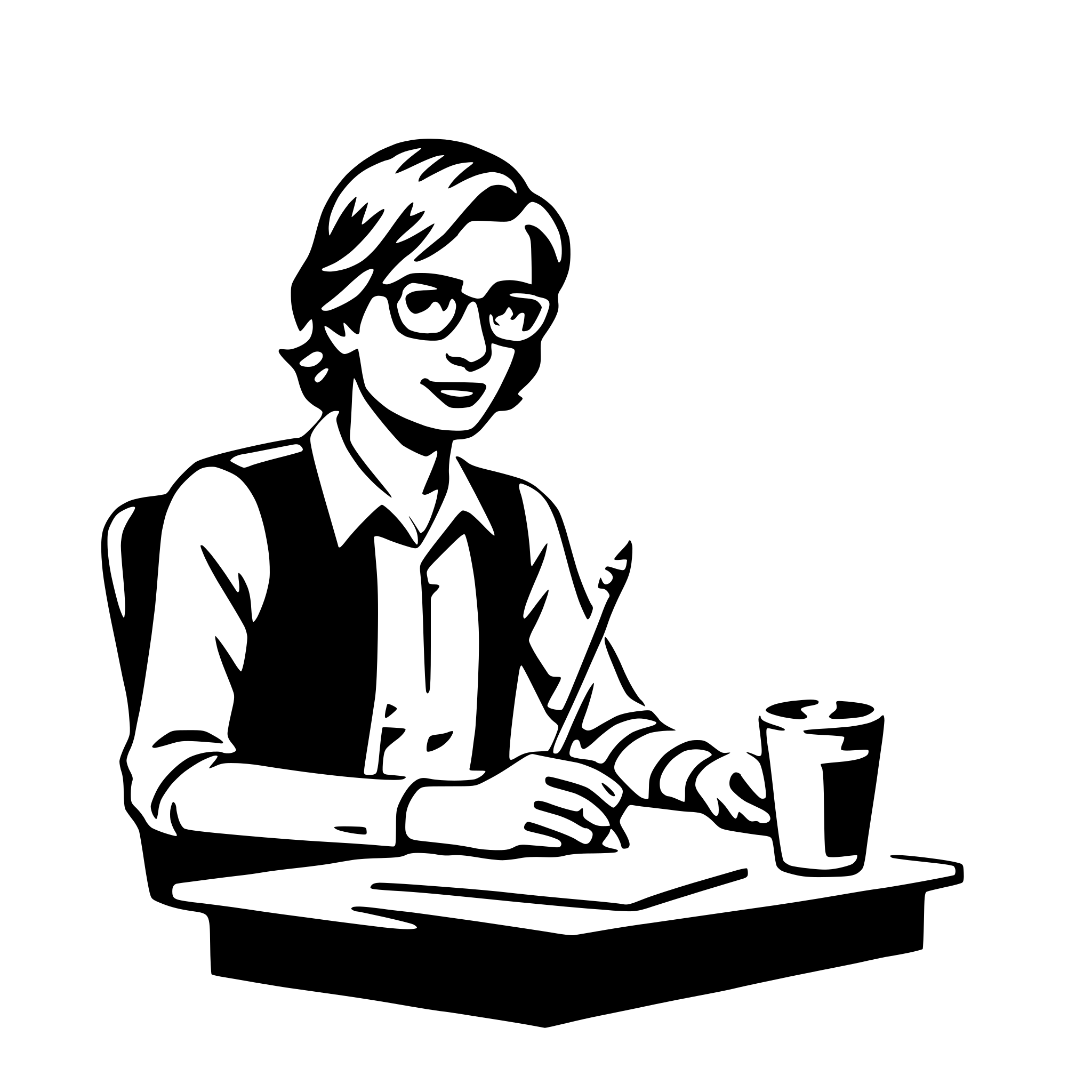 The SVG depicts a stylized illustration of a person sitting at a desk. The individual is wearing glasses, a vest, and a shirt, and is holding a pen in their hand. They are looking down at a piece of paper on the desk. The desk also has a cup on it. The illustration is simple and uses solid colors without any shading or gradients. 