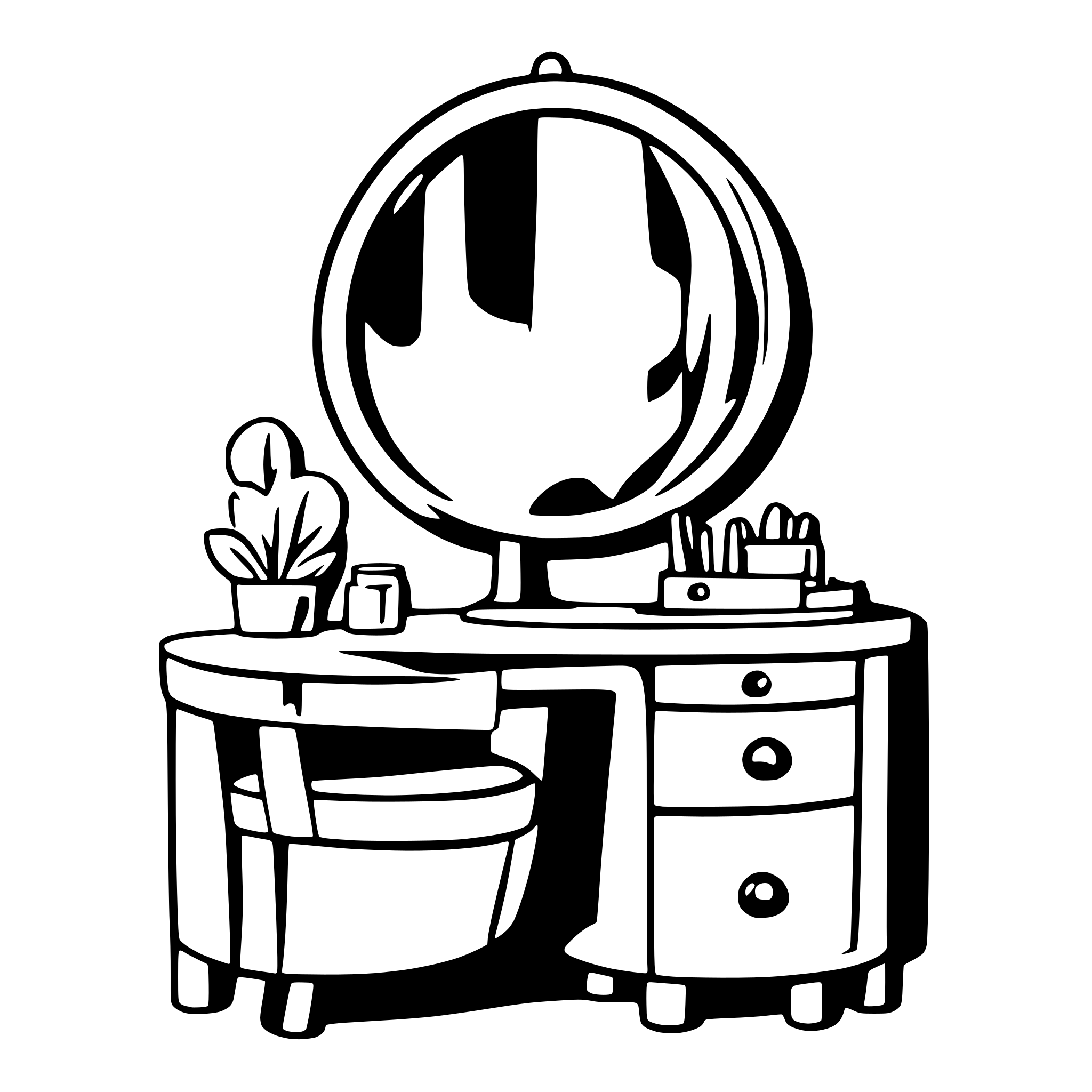 AI-generated SVG of a A simple SVG of a vanity table with a round mirror on top and two small drawers.