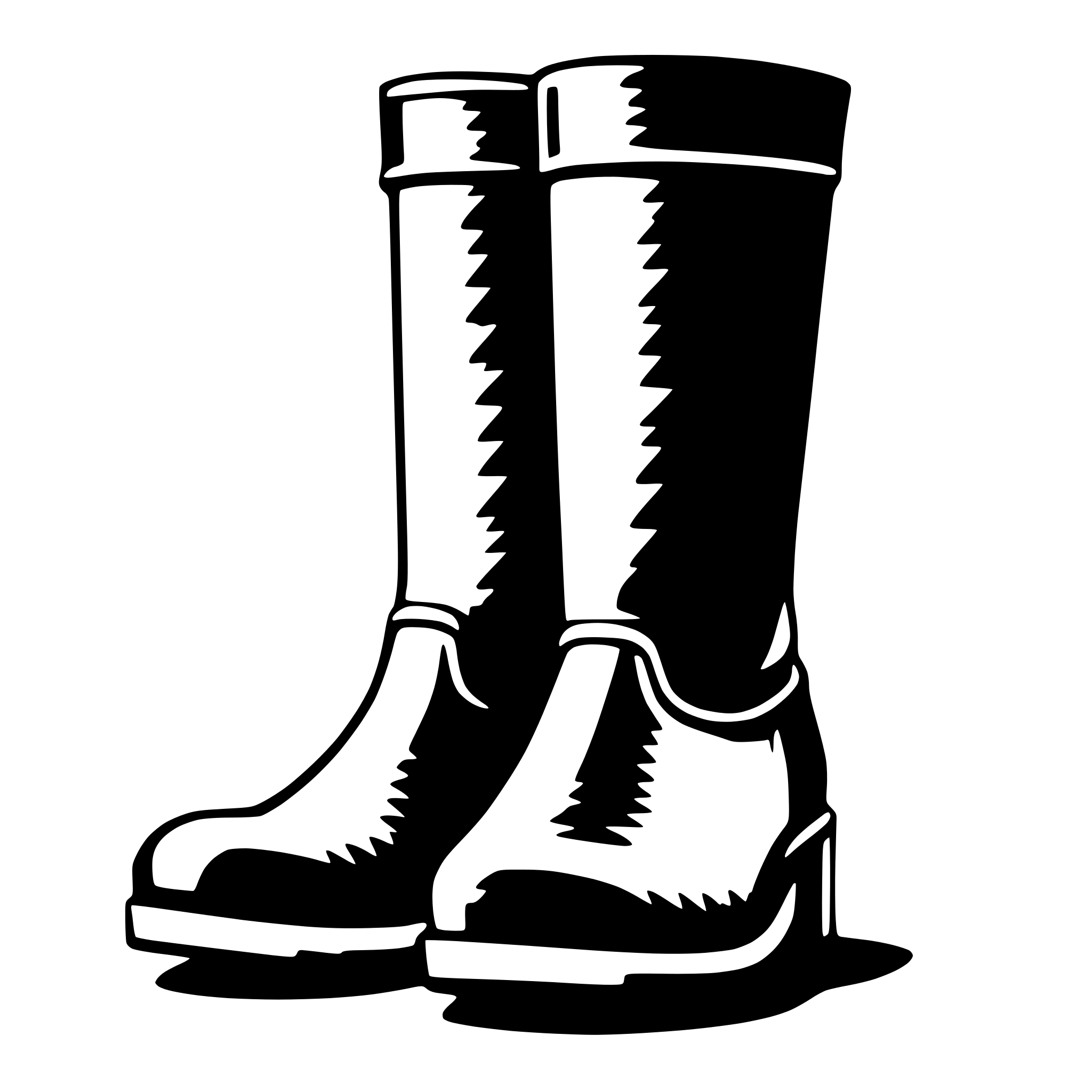 The SVG shows a pair of black boots with a glossy finish, standing upright against a plain background. The boots are depicted in a simplified, cartoon-like style with clean lines and minimal shading, which is typical for vector graphics. The boots appear to be made of a smooth material, possibly leather or a leather-like synthetic, and they have a sturdy, laced-up design with a visible tongue and a small heel. The SVG does not show any interaction between the boots, as they are stationary and there are no other objects present. 