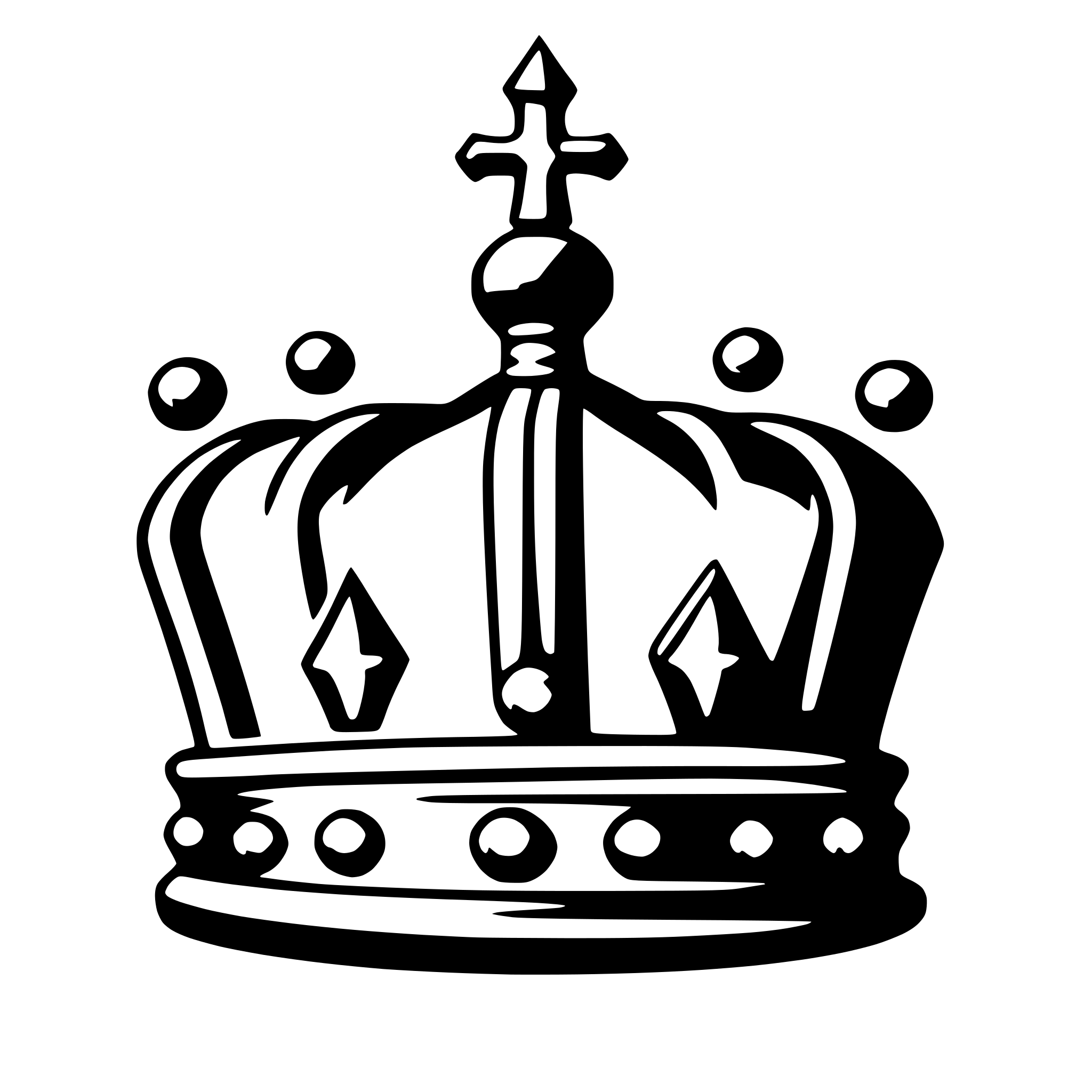 The SVG depicts a stylized, monochrome crown. The crown features a central spire with a cross on top, flanked by two vertical bars. Below the spire, there are three horizontal bars, each adorned with a small, round ornament. The crown is symmetrical and has a regal appearance. The design is simple and does not include any additional elements or interactions. 