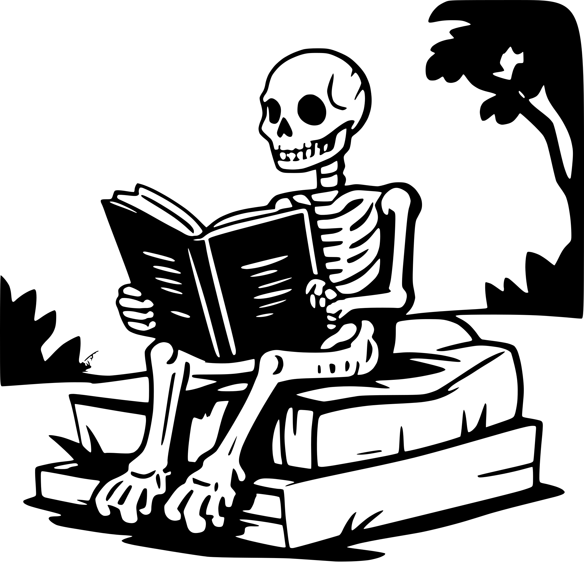 AI-generated SVG of a a skeleton on a cemetery reading a big book