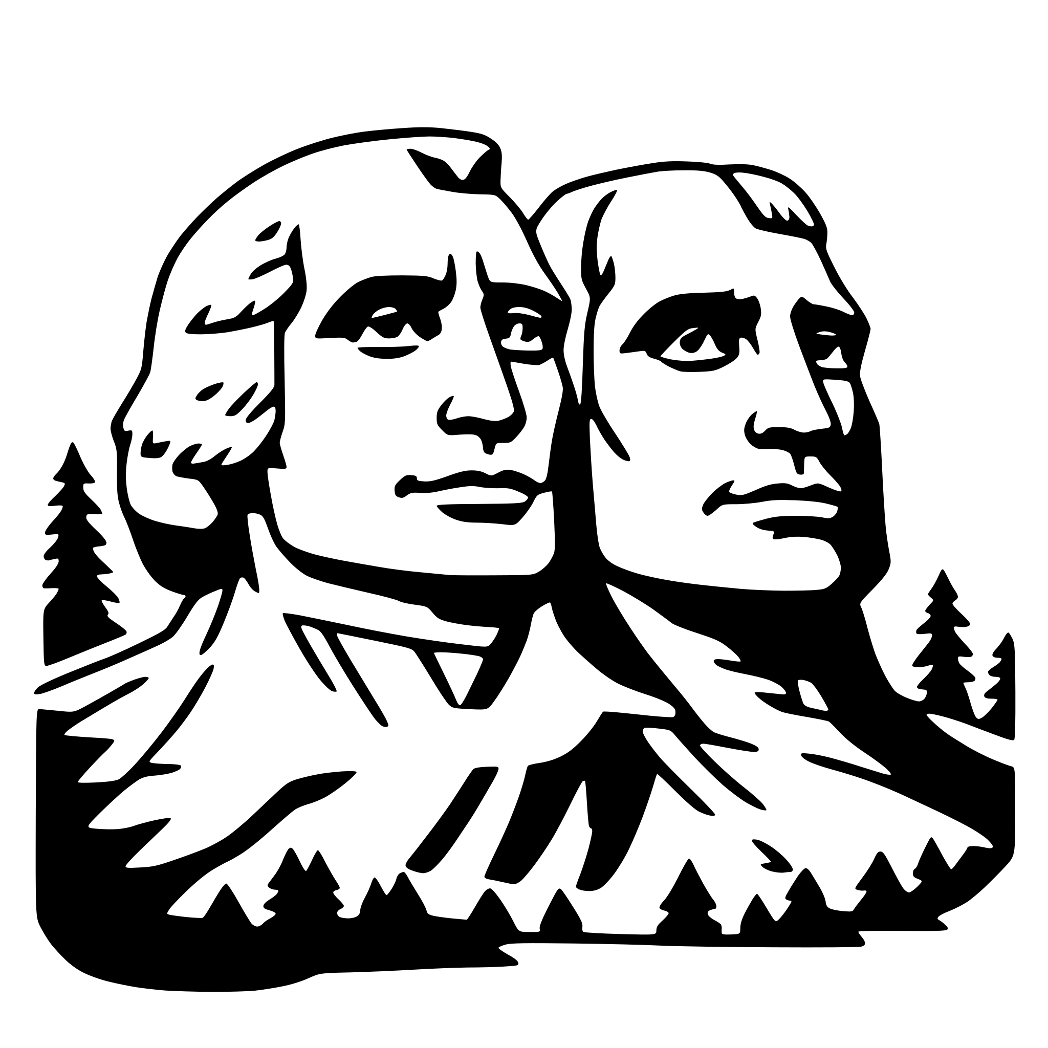 The SVG depicts a stylized representation of two profiles facing each other, with the profiles appearing to be carved into a mountain or rock formation. The profiles are likely meant to represent historical figures, given the classical style of the carving. The background includes a simple outline of trees and a mountainous landscape, suggesting a natural setting. The two profiles are the central focus of the SVG, and their close proximity to each other implies a connection or relationship between the figures they represent. 