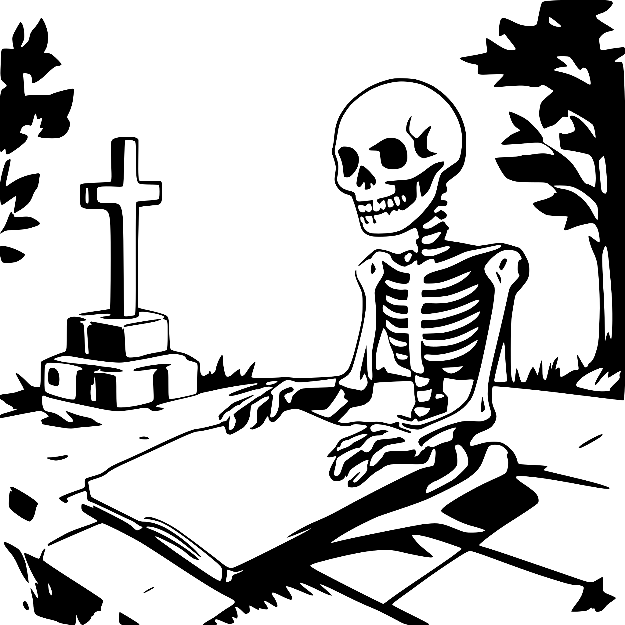 AI-generated SVG of a a skeleton on a cemetery reading a big book