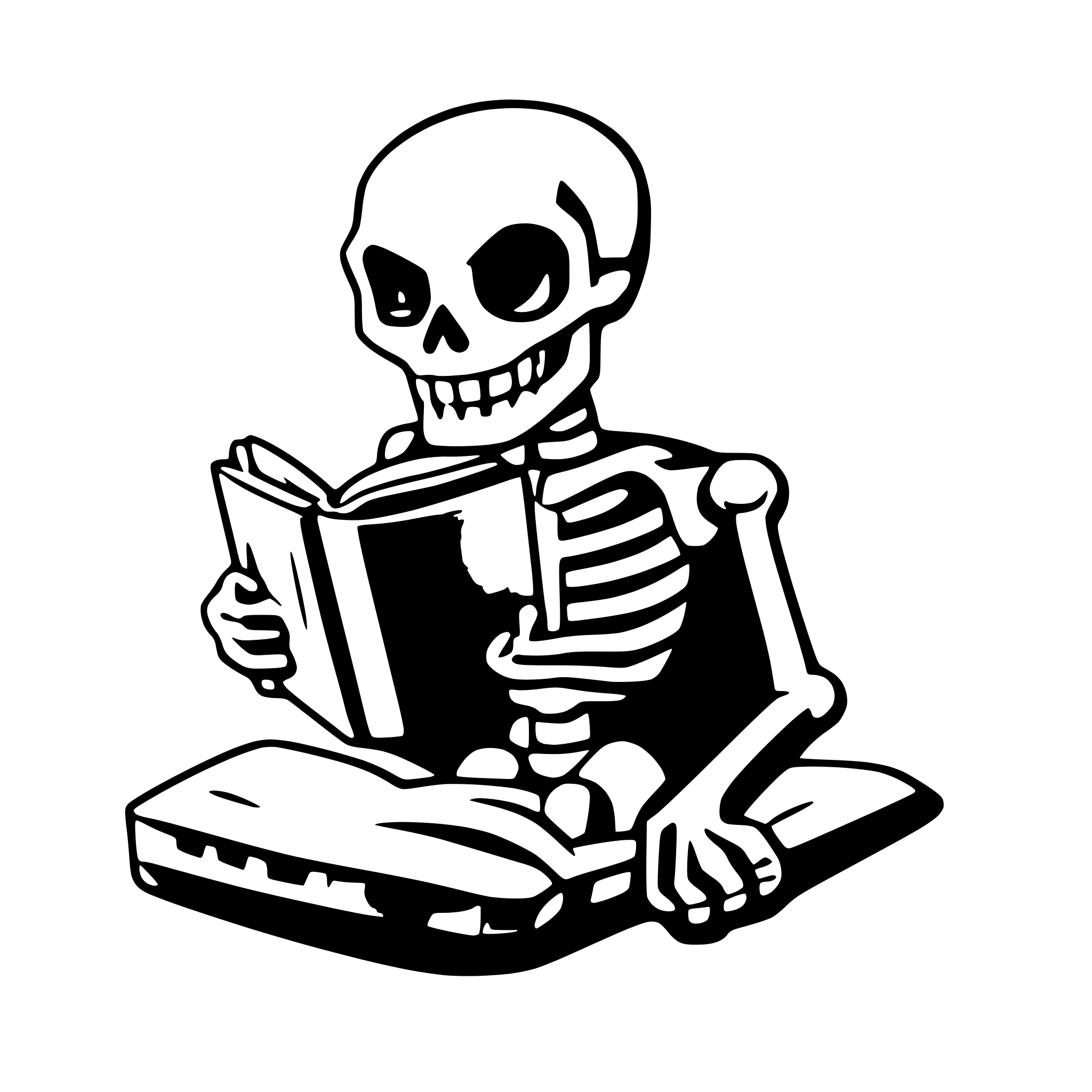 AI-generated SVG of 'skeleton reading a book'