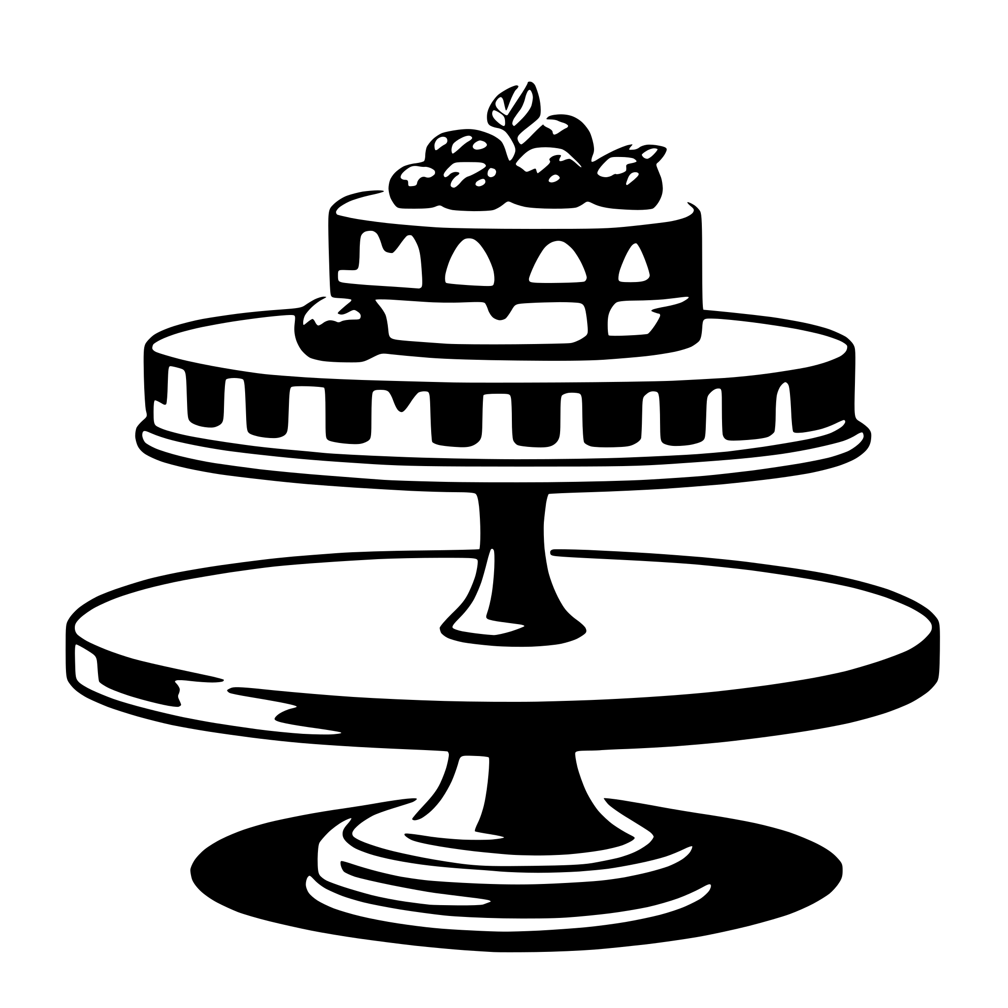 The SVG depicts a stylized, three-tiered cake with a single cherry on top, placed on a cake stand. The cake and stand are designed with simple geometric shapes, and the SVG is rendered in black and white. The cake has a smooth, rounded surface, and the stand has a cylindrical base that narrows slightly as it rises to support the cake. The cherry on top of the cake is detailed with a stem and leaves, and it is positioned slightly off-center. The overall style of the SVG is minimalistic and graphic, with no additional text or embellishments. 