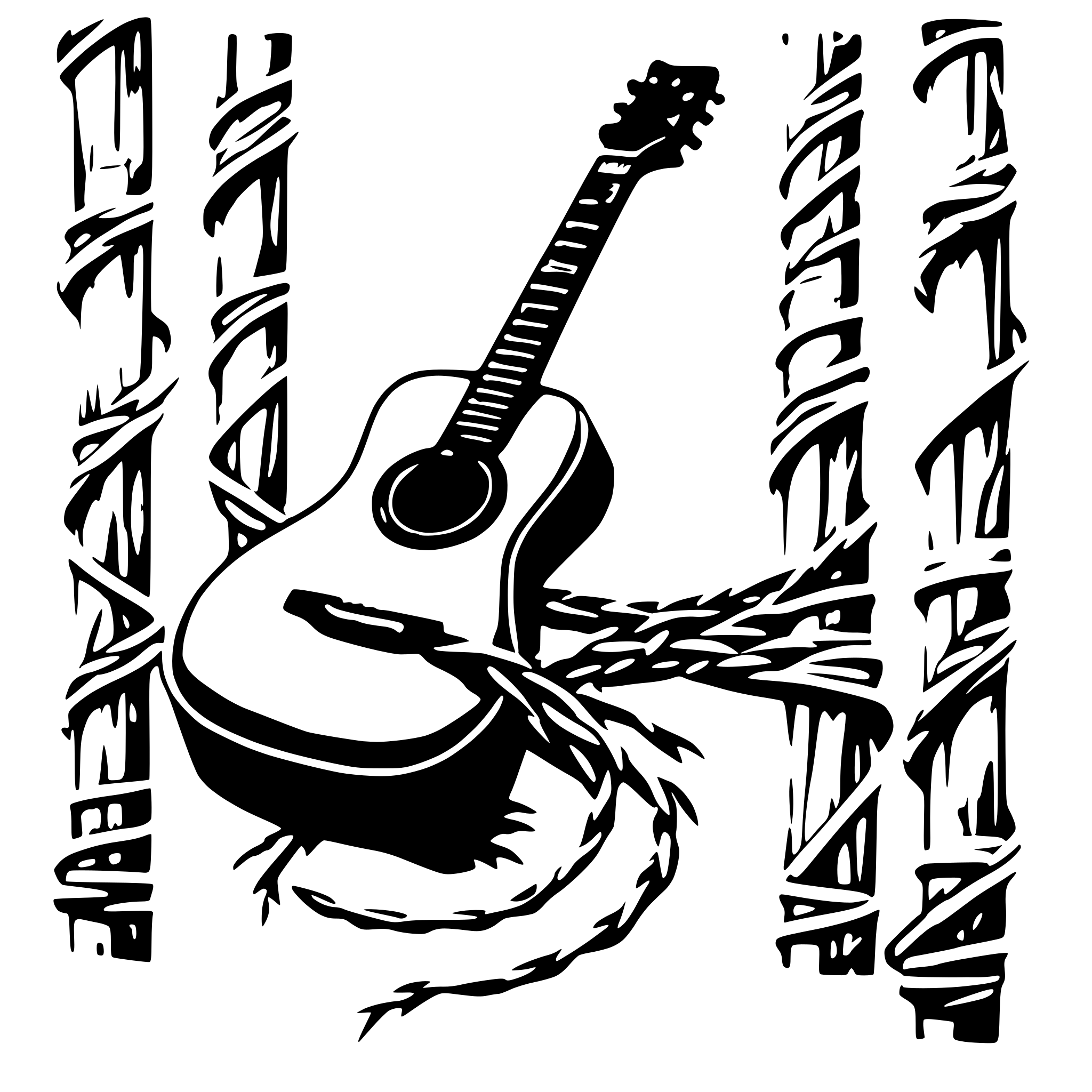 AI-generated SVG of 'a long vine stretching through barbed wire and wrapping around a guitar, ^88878888111'