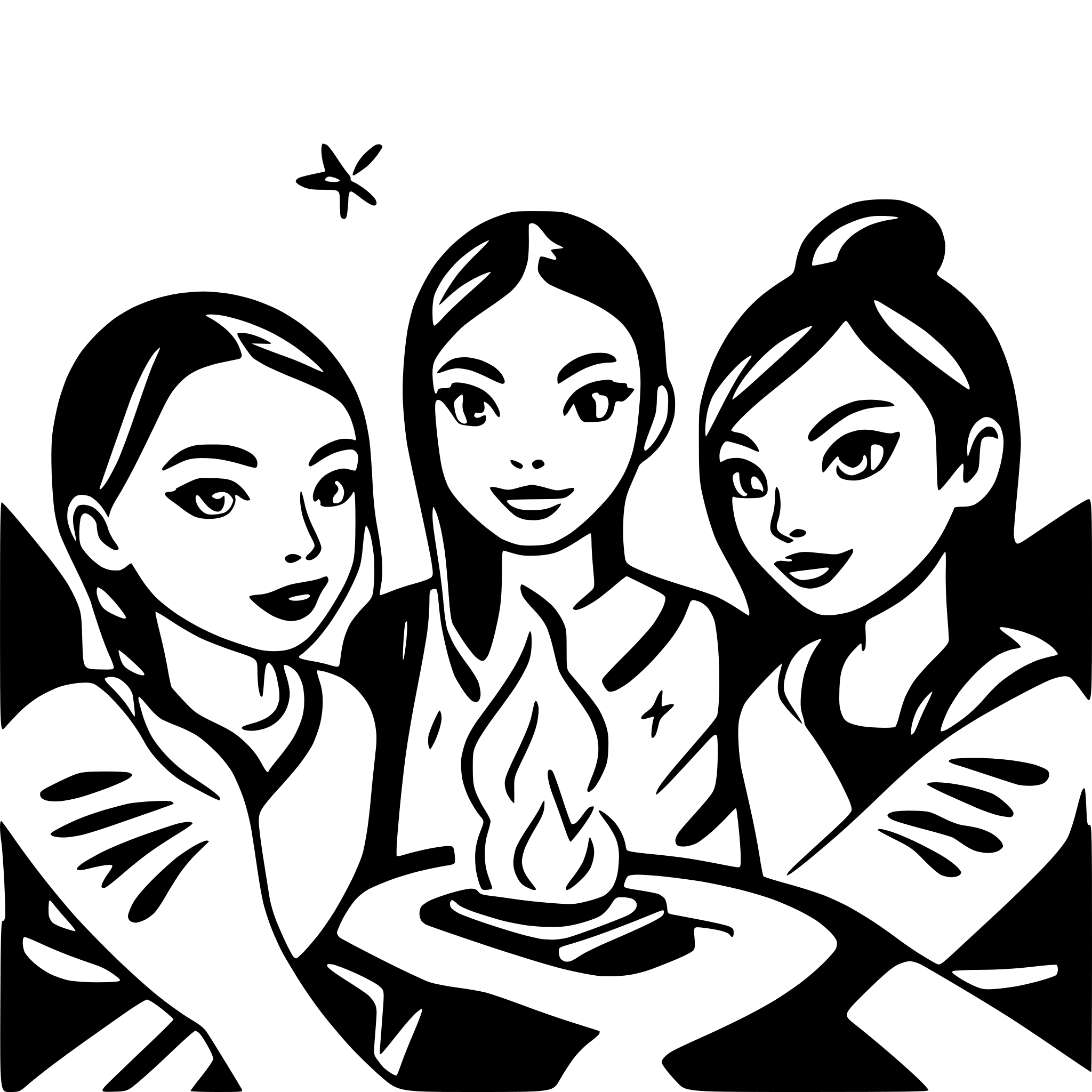 AI-generated SVG of a there are 3 girls (3 people!) wearing backpacks seating by a bonfire, facing the the fire, from our perspective we can only see thier backs and backpacks, the svg uses simple lines, it would fit well in a round shape, there should mounatins and stars, ladies should have long hair, one moon
