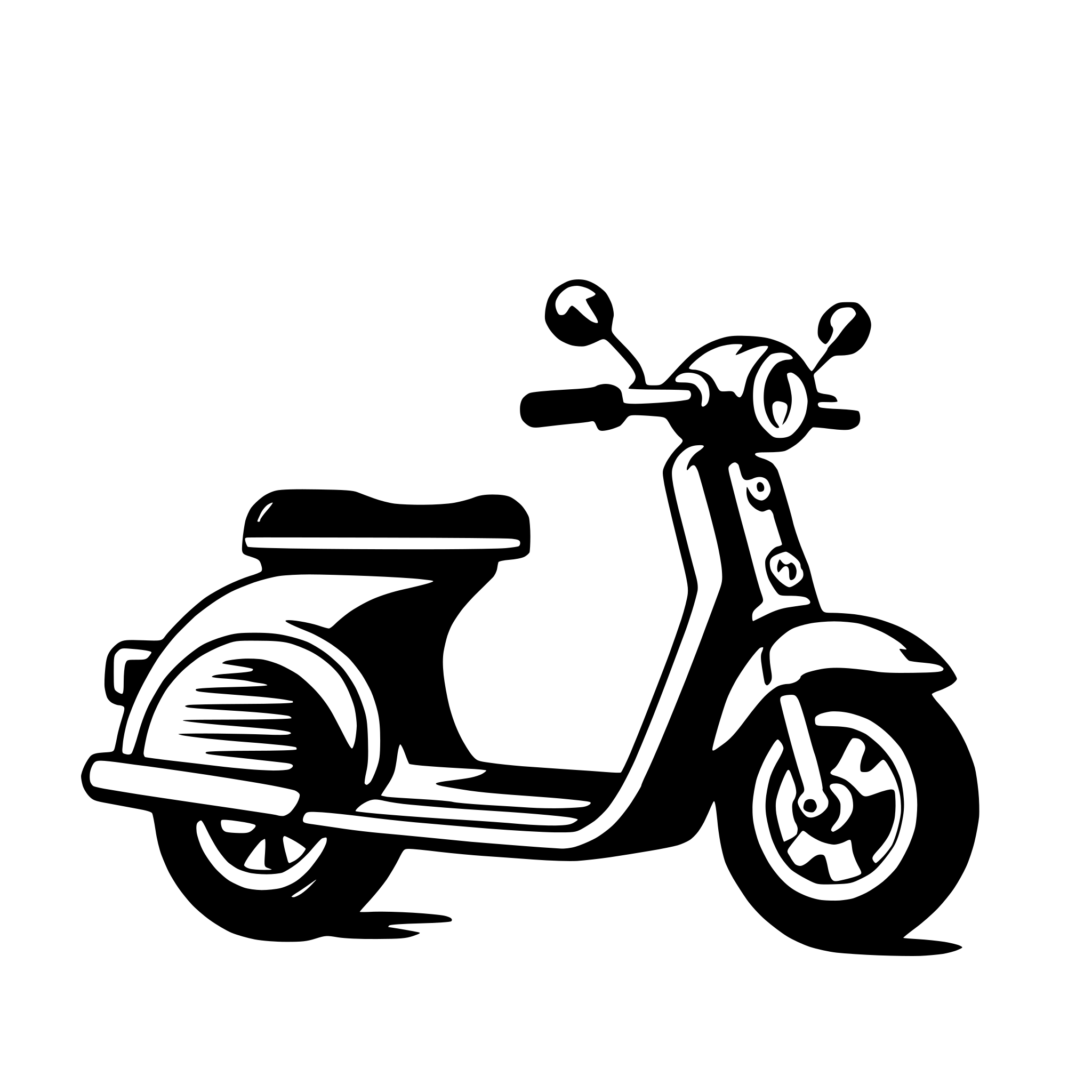 The SVG depicts a stylized, black and white illustration of a moped. The moped features a small engine, a single-seat, and a step-through frame. It has two wheels, with the front wheel turned slightly to the left. The moped is parked on a flat surface, and there is a small shadow beneath it, suggesting a light source from the upper right. The design is simple and cartoonish, with minimal detail to emphasize the main shapes and lines. 
