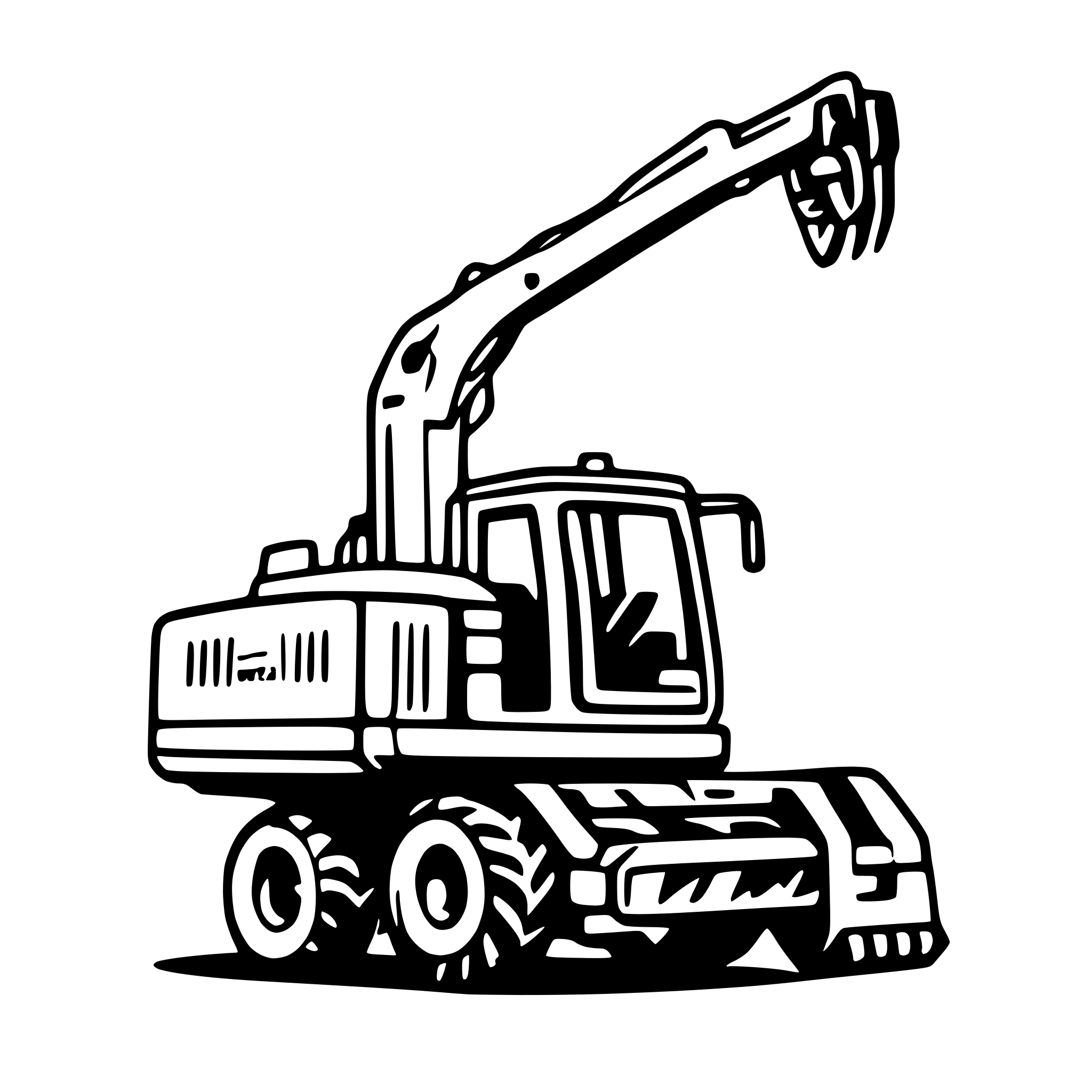 AI-generated SVG of a side image of a Ponsse tree harvester with four wheels and a harvester head
