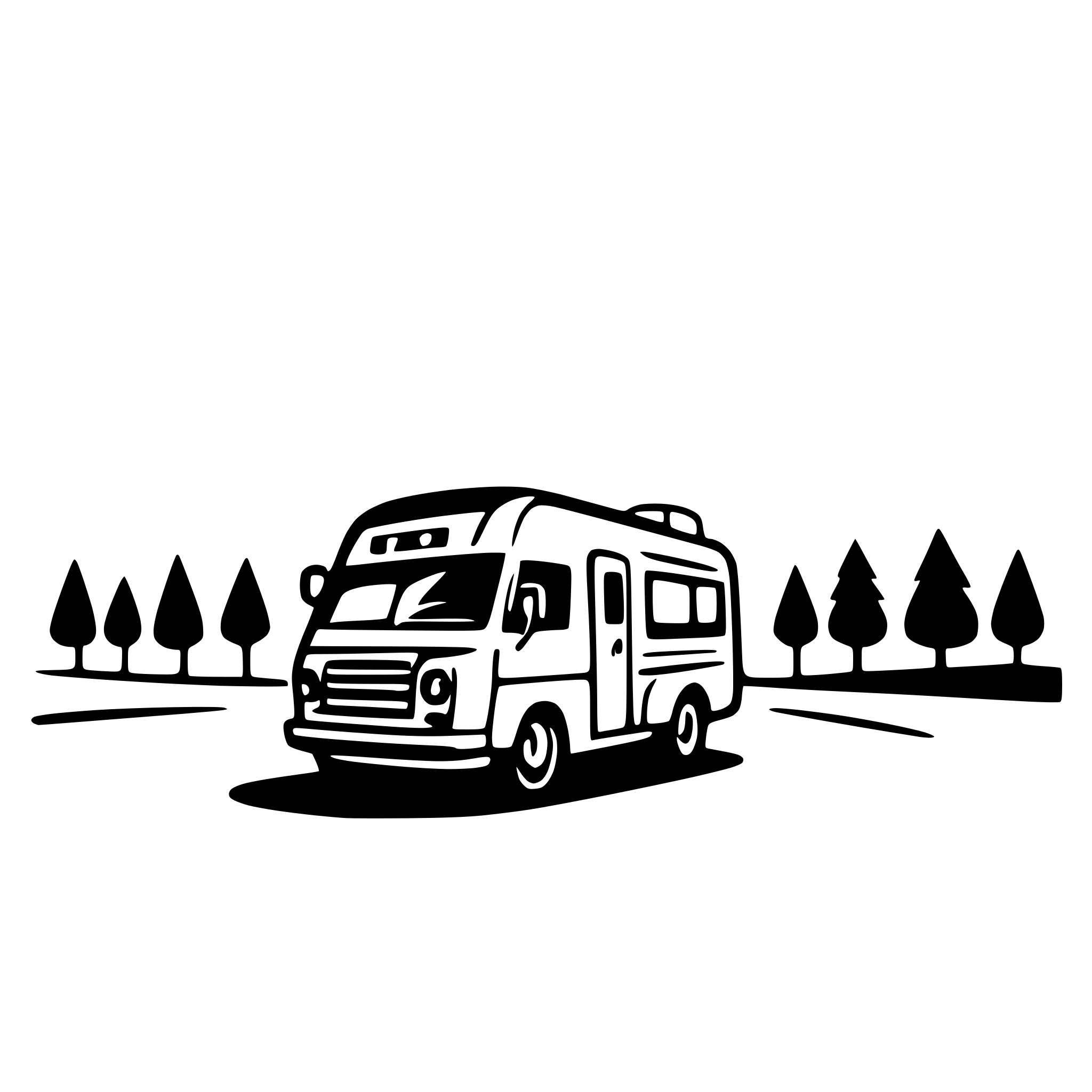 AI-generated SVG of a Motorhome en blanco y negro  con un texto que diga "The rolling homes"