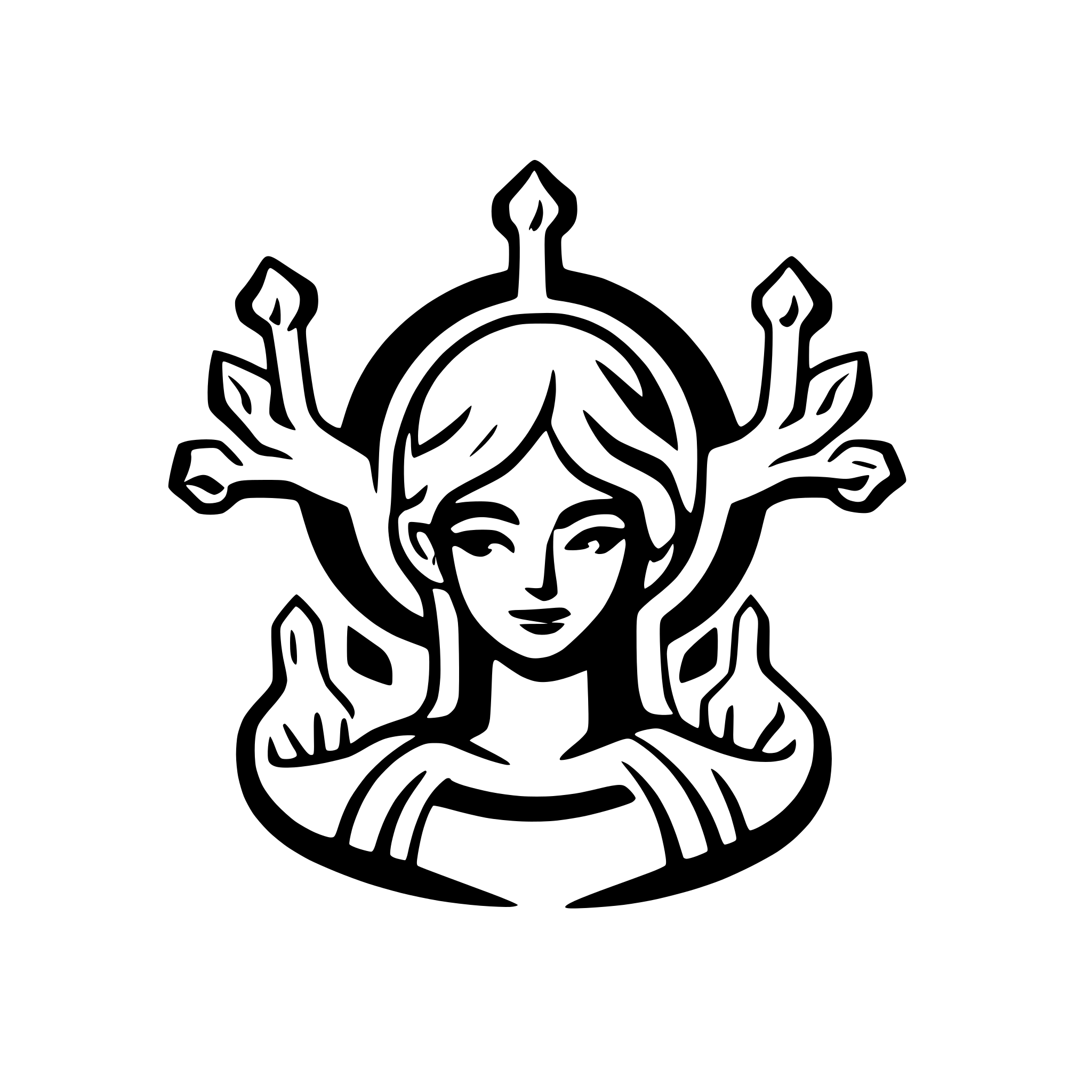 AI-generated SVG of '6 arms 3 heads god'