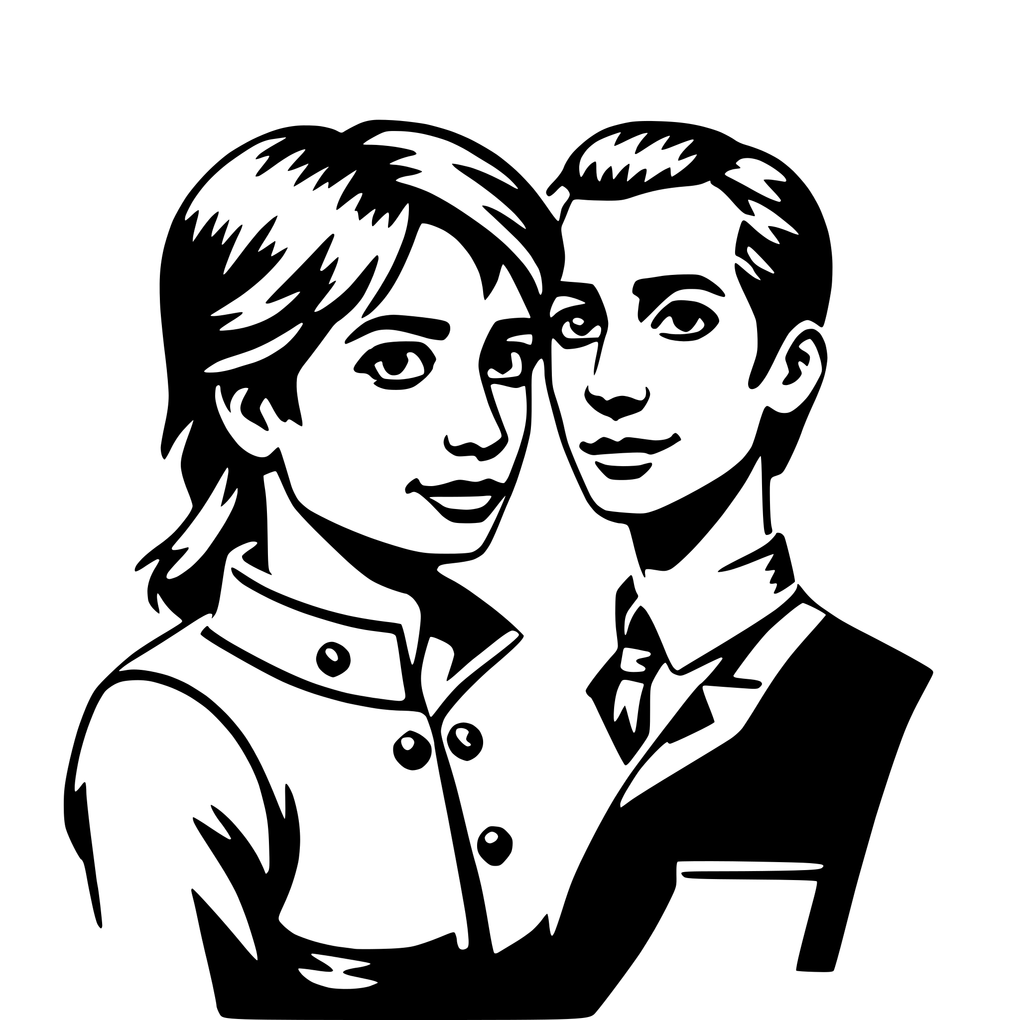 The SVG depicts two stylized, cartoon-like figures that appear to be a man and a woman. They are facing each other, with the woman on the left and the man on the right. The woman has short hair and is wearing a jacket with a collar, while the man has short hair and is wearing a suit with a tie. They are both smiling and seem to be in a friendly or affectionate pose. The style is simplistic and uses solid lines and shapes to define the features and clothing of the characters. 
