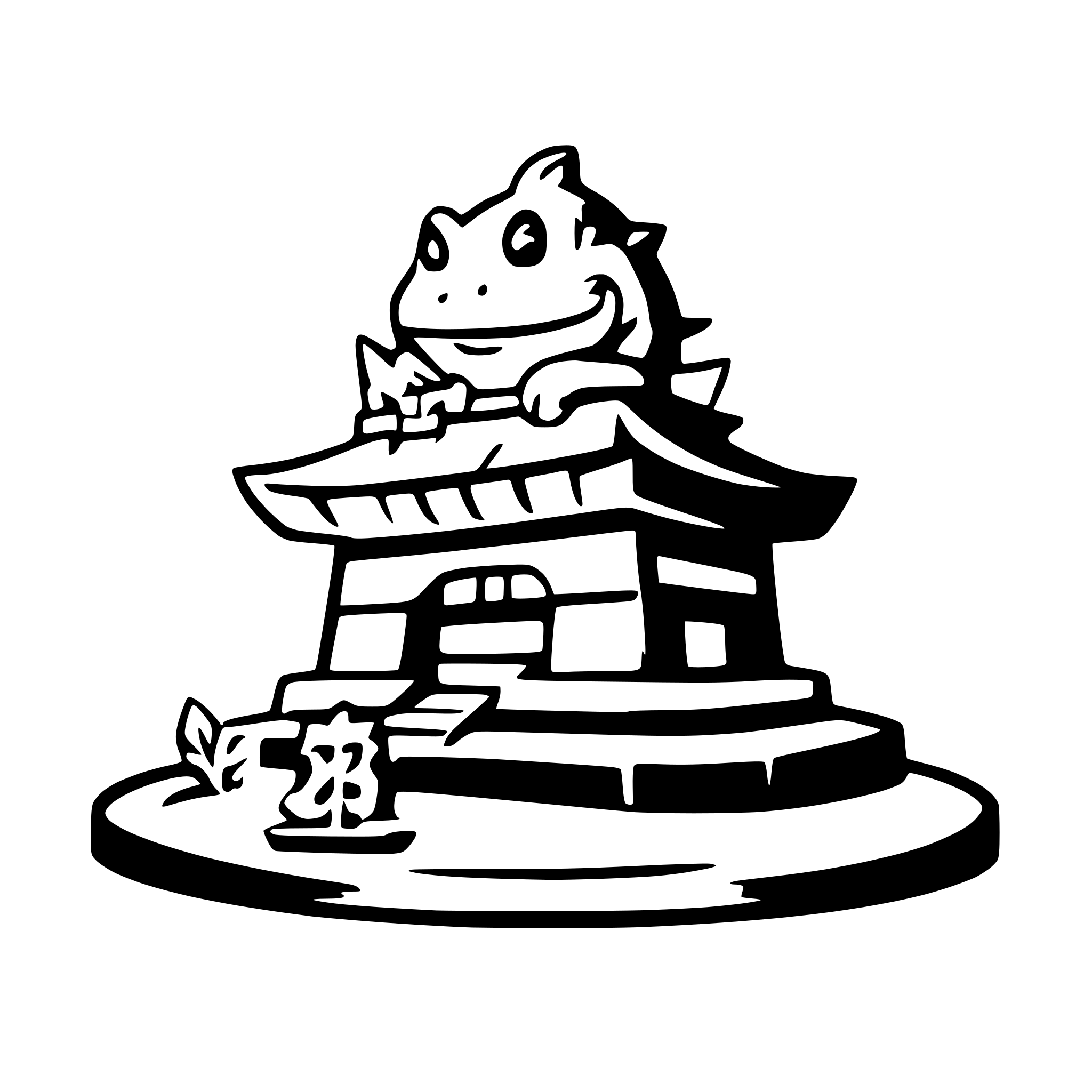 AI-generated SVG of 'A black logo spelled "Bufo Supreme", with a SAMURAI bufo frog, with a blonde mohawk, sitting on top of the letters, with a japanese temple in the background.'