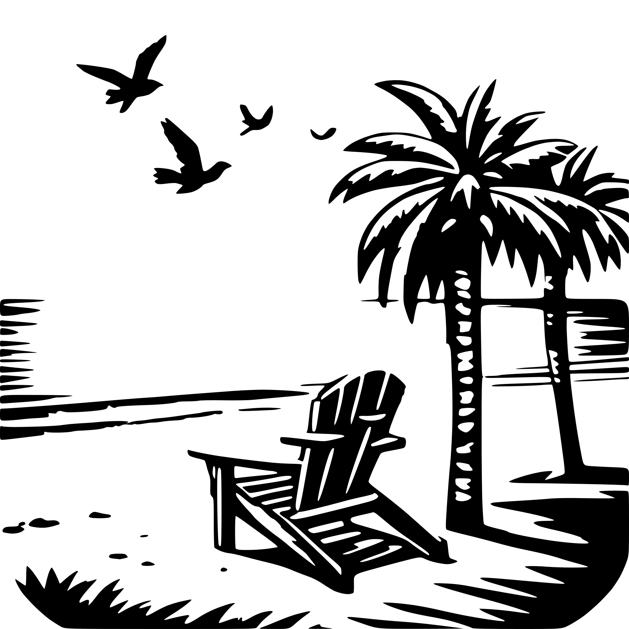 AI-generated SVG of 'palm trees on the beach with adirondack chairs and birds flying in front of the sunset'