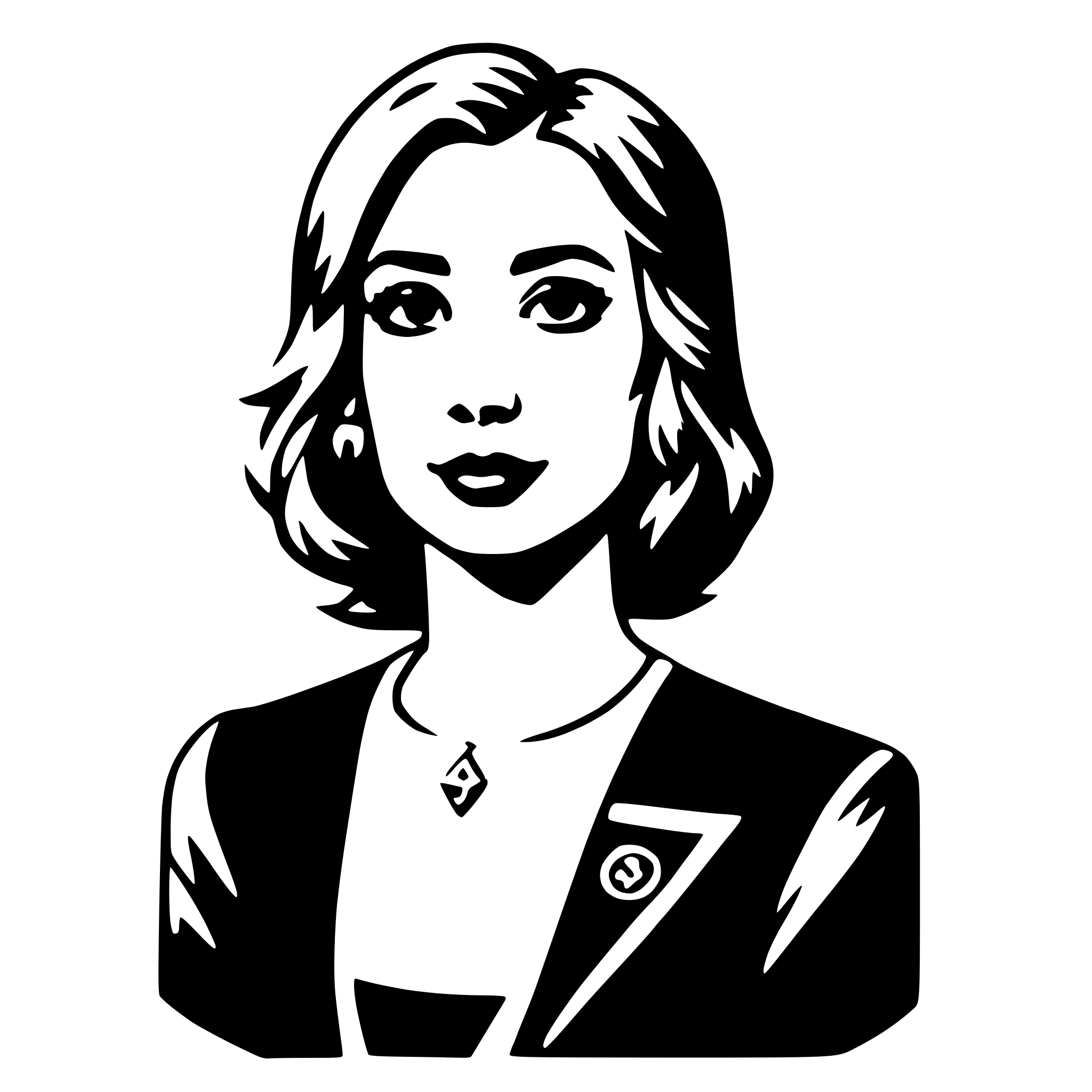 The SVG is a black and white vector illustration of a woman's profile. The woman has short hair, a necklace with a diamond pendant, and is wearing a suit with a visible emblem on the left side of her chest. The style is simplistic and iconic, with clean lines and minimal shading. The SVG does not depict any interaction between objects; it is a static representation of a person. 