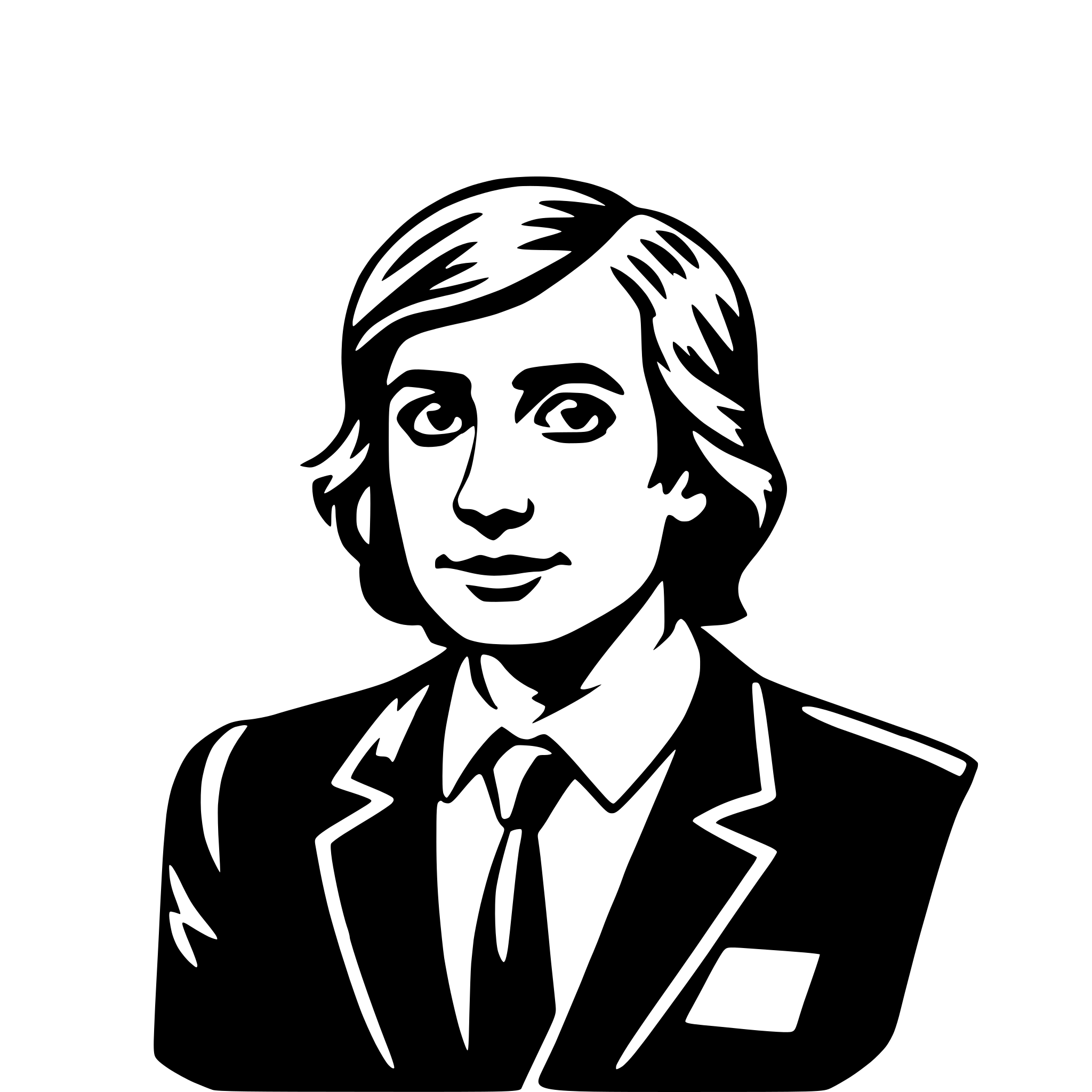 The SVG depicts a stylized black and white illustration of a person. The individual appears to be a man with short hair, wearing a suit with a tie. The illustration is simplistic, with minimal detail, and is designed in a graphic style that is commonly used for icons or logos. The person is facing forward, and the SVG does not provide any additional context or background. 