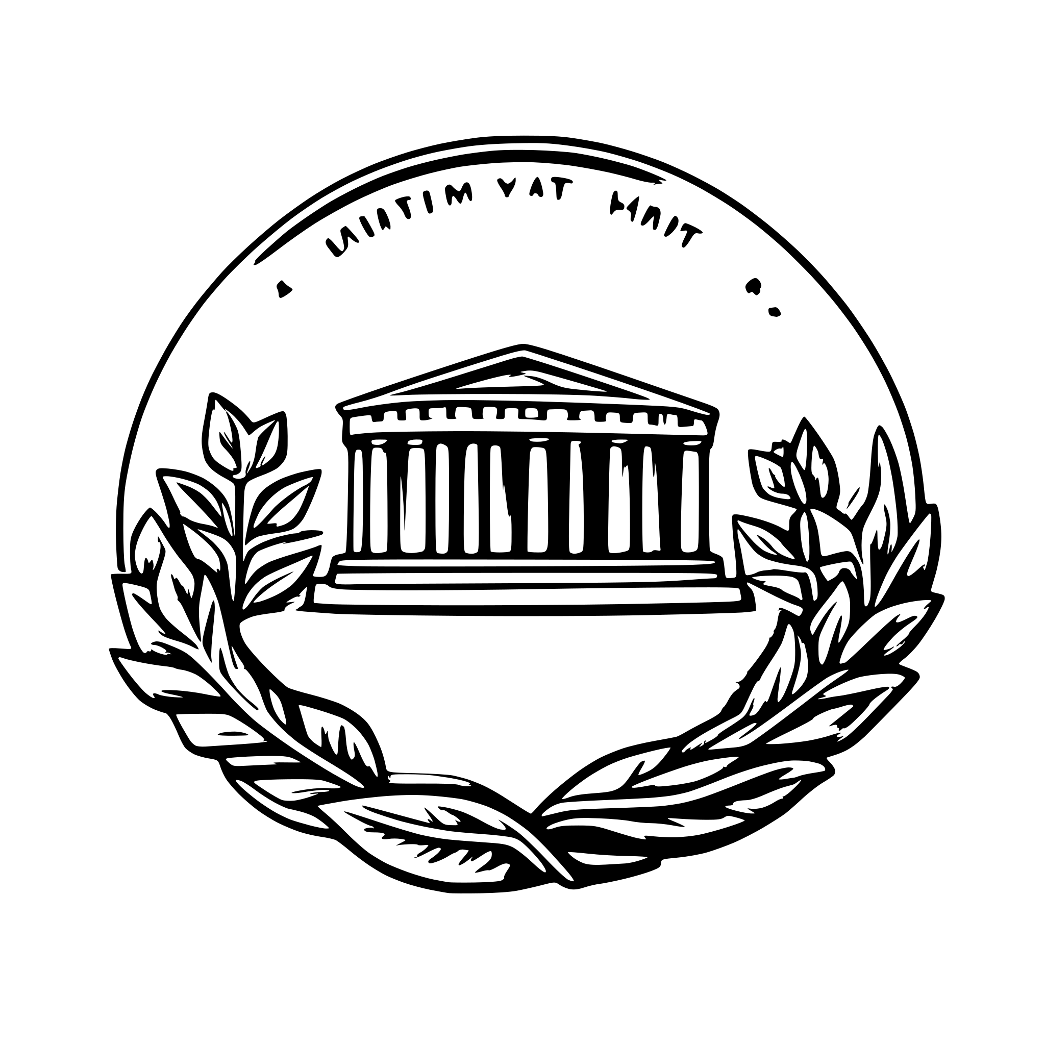 AI-generated SVG of 'draw a greek temple in the foreground with a laurel wreath and olive trees in the background as a logo for a farm producing Sicilian extra virgin olive oil'