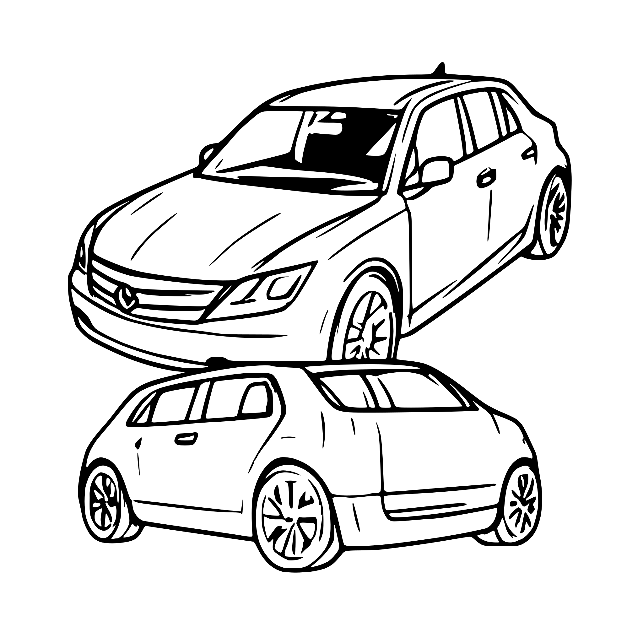 AI-generated SVG of a Minimalist technical blueprint of a modern passenger car with highly transparent wireframe body. Clear car body edges, no fills, no shading, focus on outline and transparency only