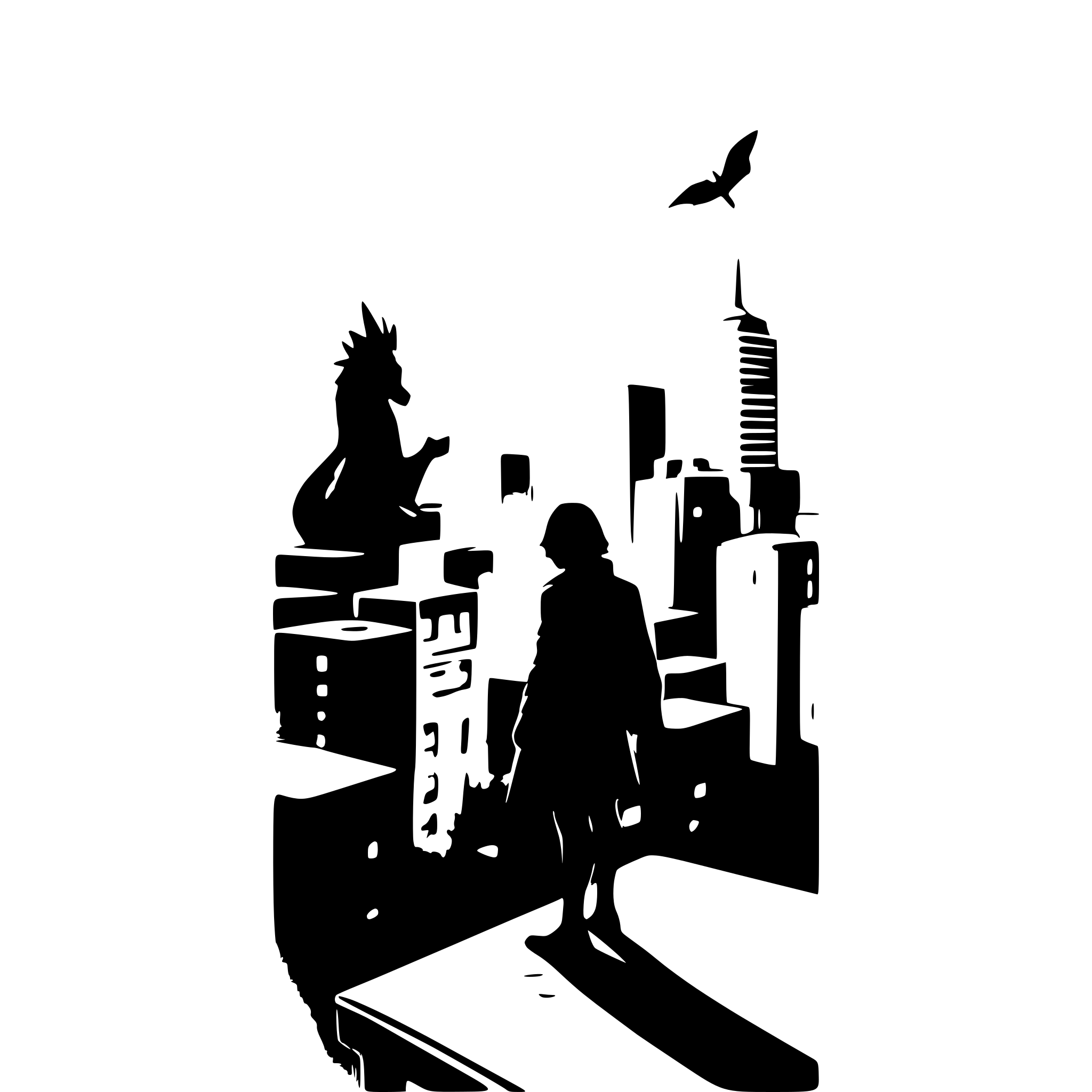 AI-generated SVG of a a man is standing on the corner of a rooftop overlooking the city with his back to us while a dragon rises from the skyline the dragon is facing directly towards the camera and the buildings are on fire