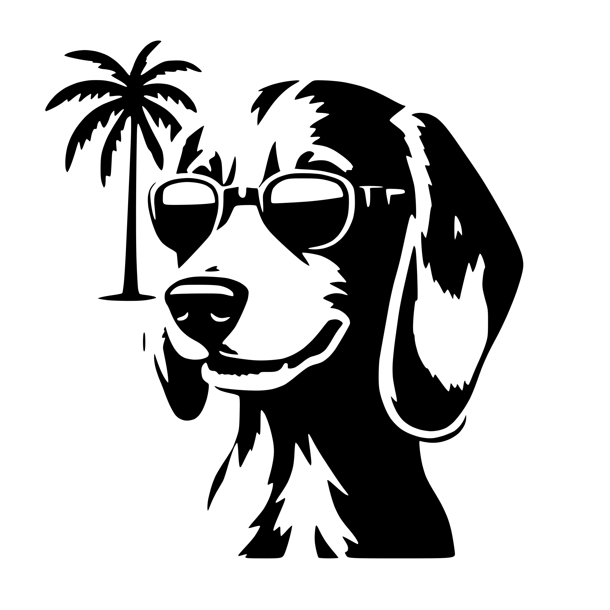 AI-generated SVG of 'plam trees are shown in the lense of the sunglasses that are on the dogs face'
