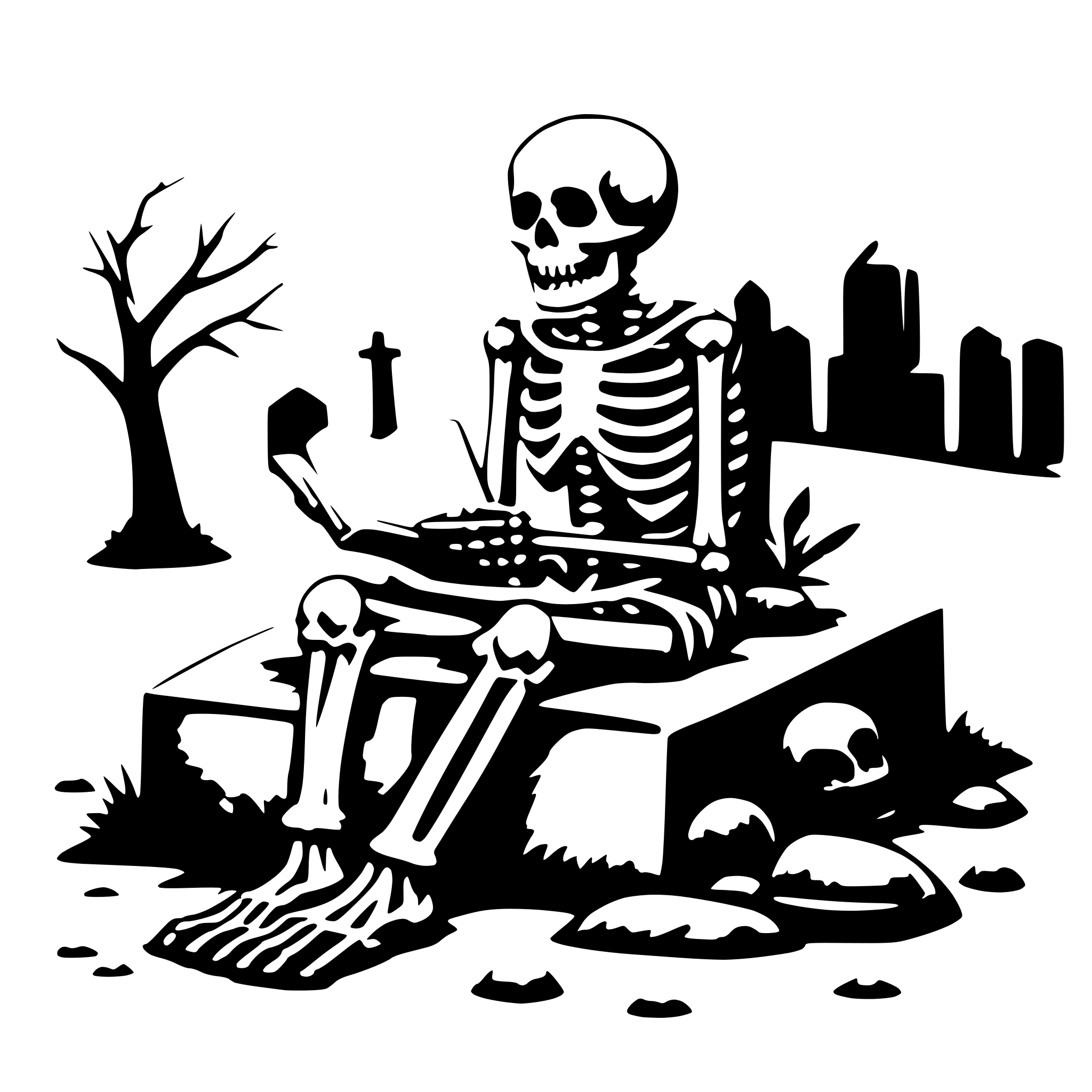 AI-generated SVG of a a skeleton sitting on a grave an reading
