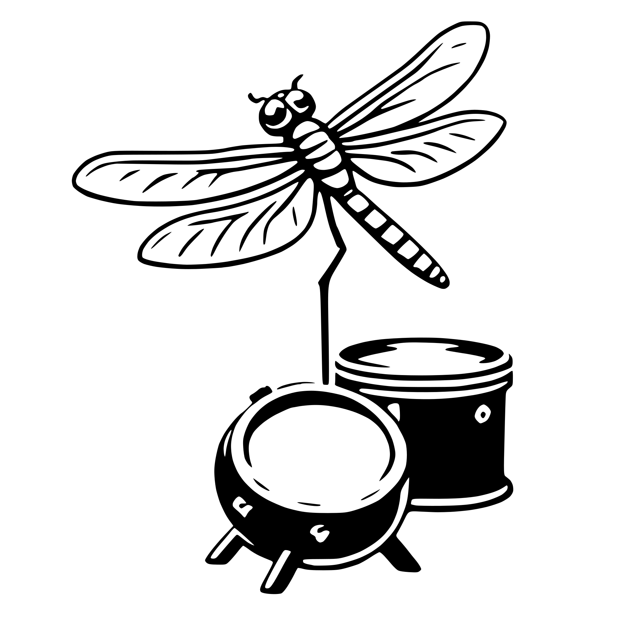 The SVG depicts a stylized dragonfly perched on a cylindrical object that resembles a can or a container. The dragonfly is facing the viewer, with its wings spread out, and its body is elongated with a pattern that suggests segmentation. The container has a lid and appears to be a type of canister or container with a handle on top, which could be used for pouring or holding items. The dragonfly is positioned above the container, and there is no direct interaction between the two objects; they are simply placed next to each other. 