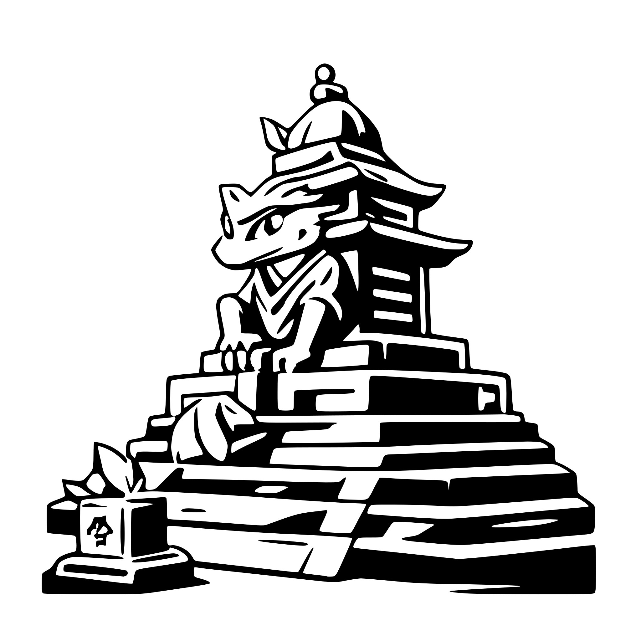 AI-generated SVG of a A black logo spelled "Bufo Supreme", with a SAMURAI bufo frog, with a blonde mohawk, sitting on top of the letters, with a japanese temple in the background. AI-generated SVG of a A black logo spelled "Bufo Supreme", with a SAMURAI bufo frog, with a blonde mohawk, sitting on top of the letters, with a japanese temple in the background.