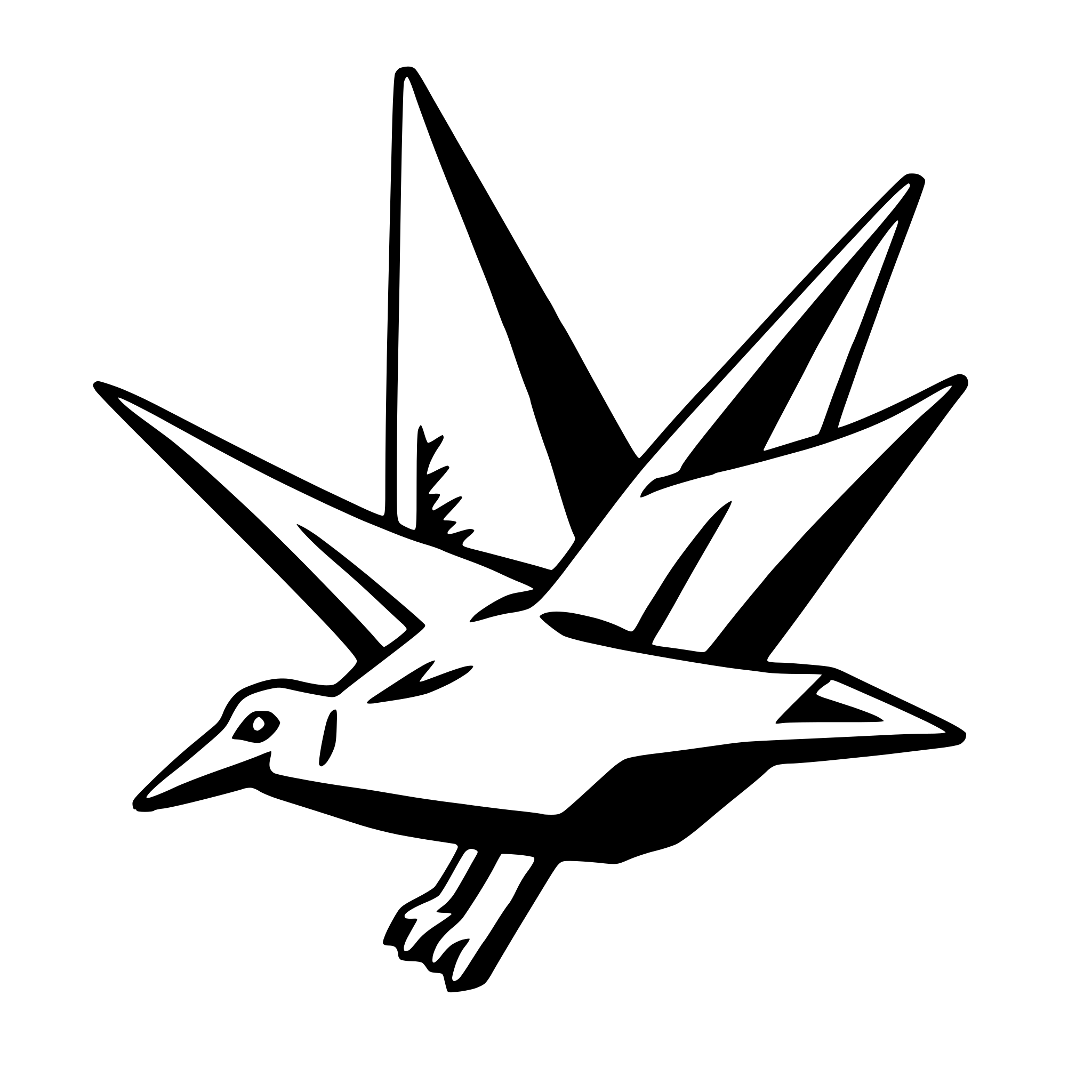 The SVG shows a stylized graphic of a bird in flight. The bird is depicted with a simplified design, featuring a triangular body, a pointed beak, and outstretched wings. The wings are angled upwards, giving the impression of motion. The bird is oriented with its head facing towards the right side of the SVG. The overall style is minimalistic and abstract, with no additional details or textures. 