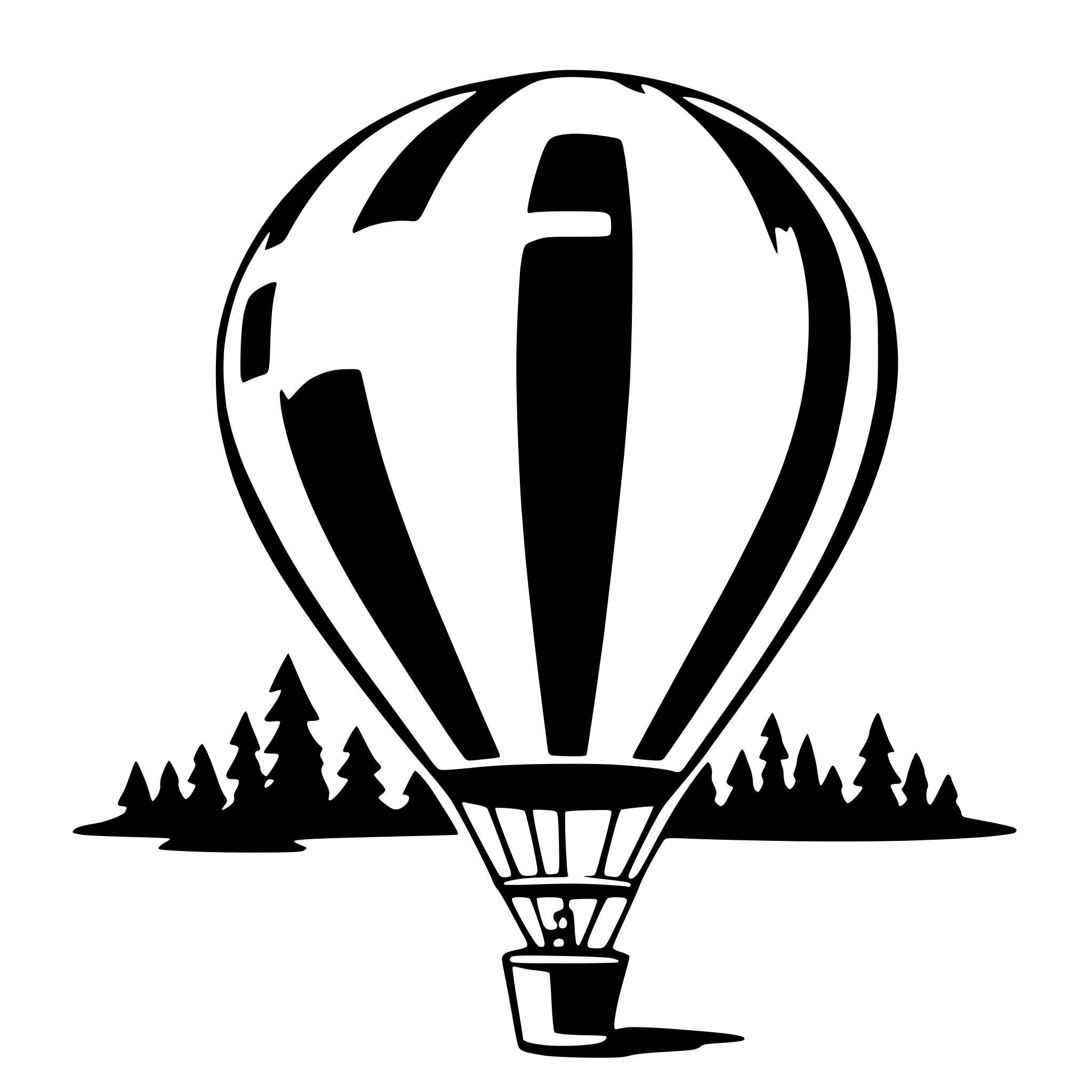 The SVG features a stylized depiction of a balloon with a basket attached to its base. The balloon is predominantly circular with a pointed top, and it has a series of vertical lines that suggest its inflation. Below the balloon, there is a basket with a single figure seated inside, facing forward. The figure appears to be a simplified representation of a person, with a small head and a body that is mostly obscured by the basket's structure.

In the background, there is a silhouette of a landscape with trees and a body of water, which could be a lake or a river. The trees are depicted with simple outlines, and the water is shown as a flat, dark shape. The overall style of the SVG is minimalistic and uses negative space to create the impression of the balloon and the landscape. The SVG does not contain any text. 