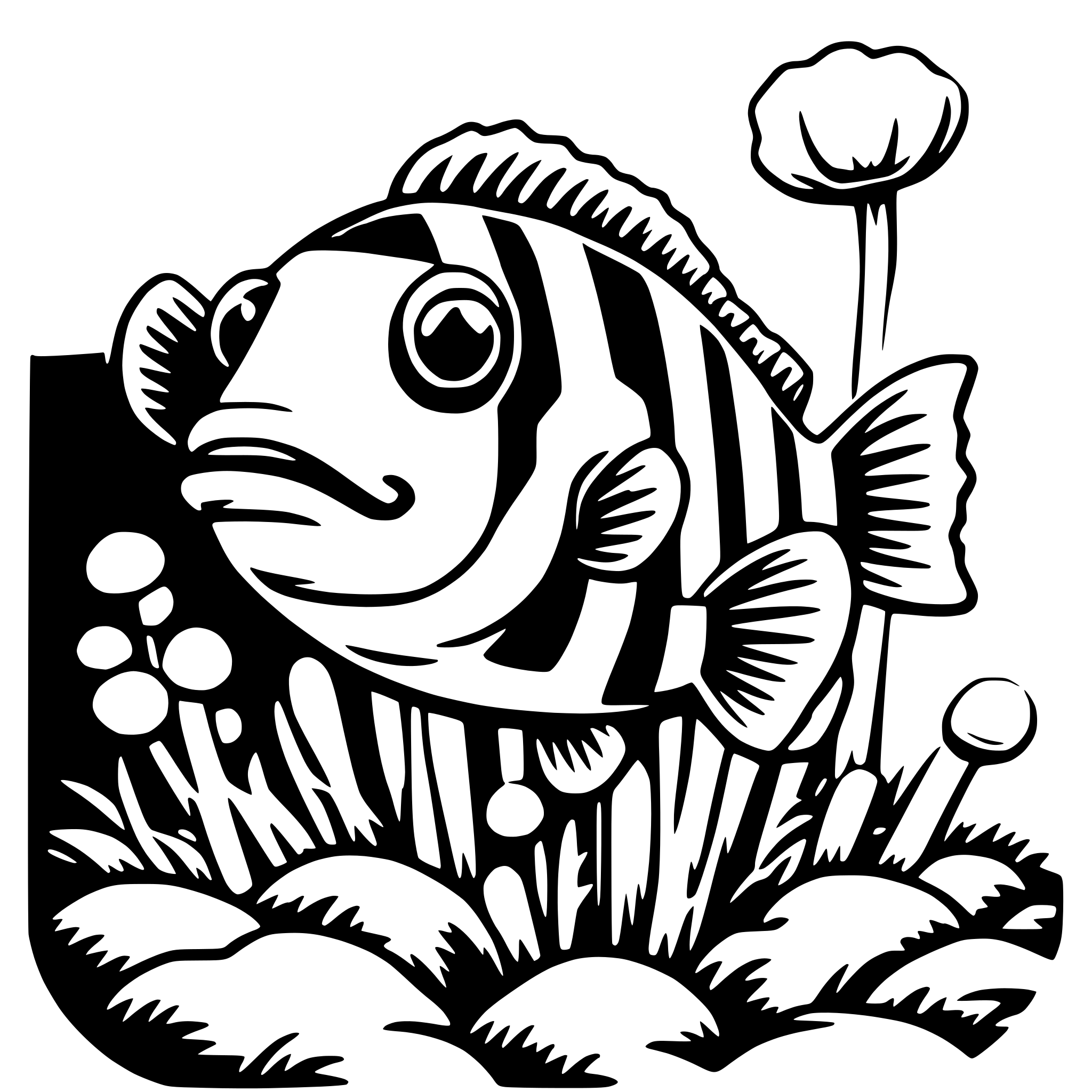 The SVG depicts a stylized black and white illustration of a fish with a striped pattern, surrounded by aquatic plants. The fish is facing towards the right side of the SVG, and its mouth is slightly open. The plants include what appears to be lily pads and possibly other aquatic plants, with some having small flowers or buds. The background is a solid color, providing a contrast to the white lines of the illustration. The overall style is reminiscent of a woodcut print, with bold lines and a limited color palette. 