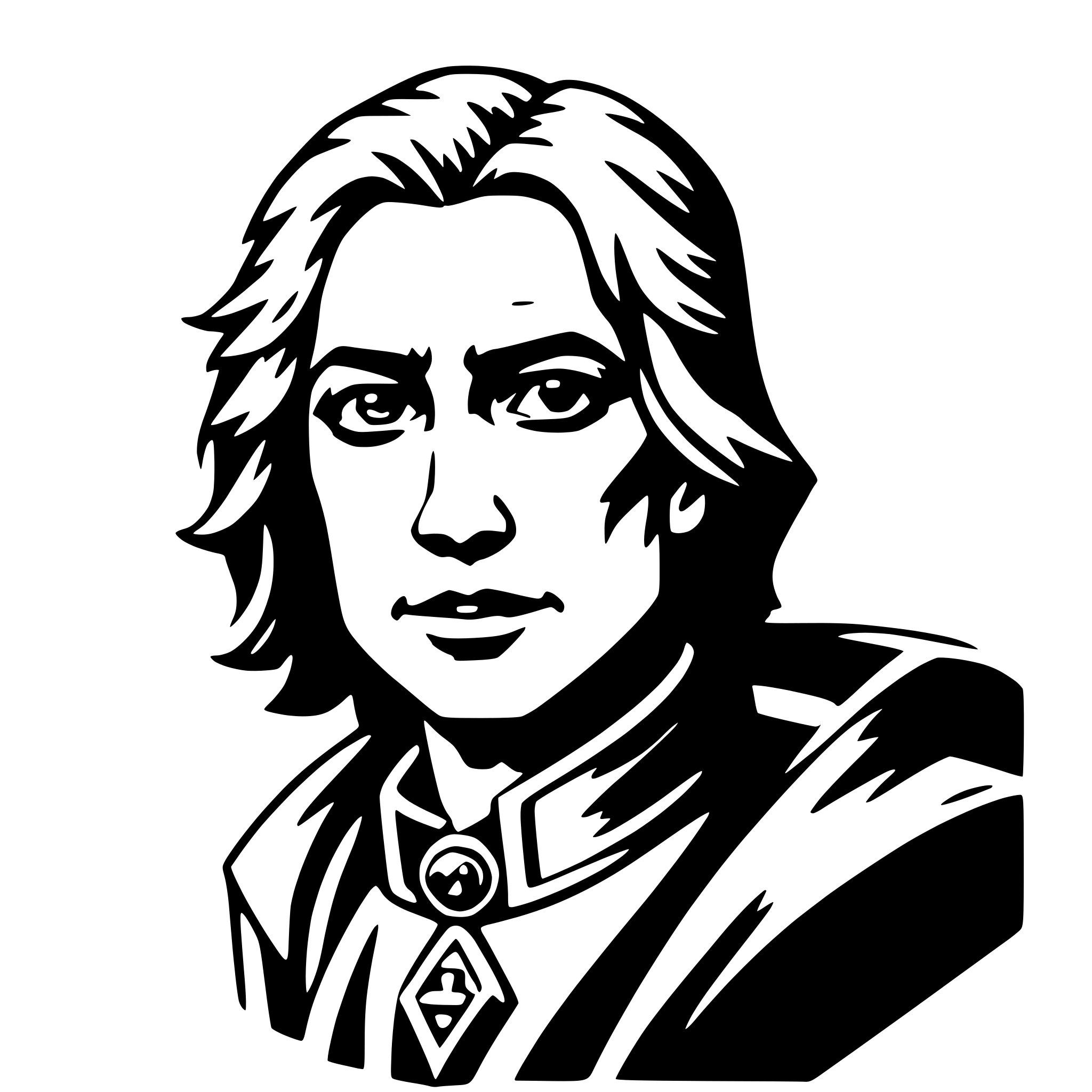 The SVG depicts a stylized portrait of a person with long hair, wearing what appears to be a collar or a garment with a distinctive emblem or badge. The person is looking directly at the viewer with a neutral expression. The style of the illustration is reminiscent of a comic book or graphic novel character design. 