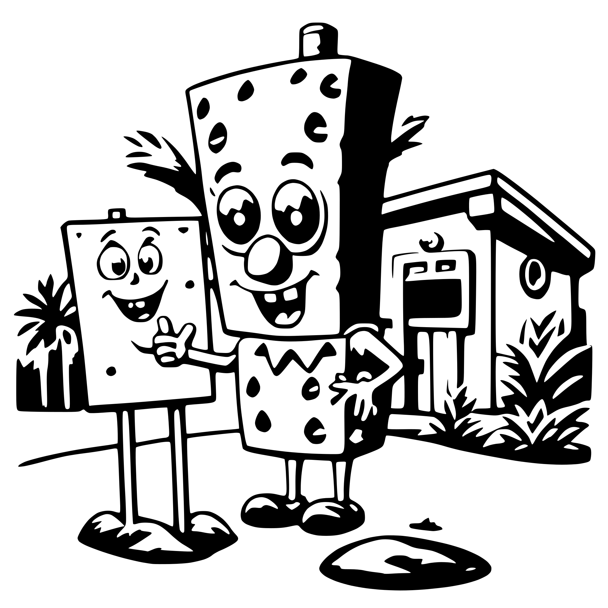 AI-generated SVG of a An SVG of an excited and smiling Spongebob Squarepants holding a blank sign. He is standing in front of his pineapple house.