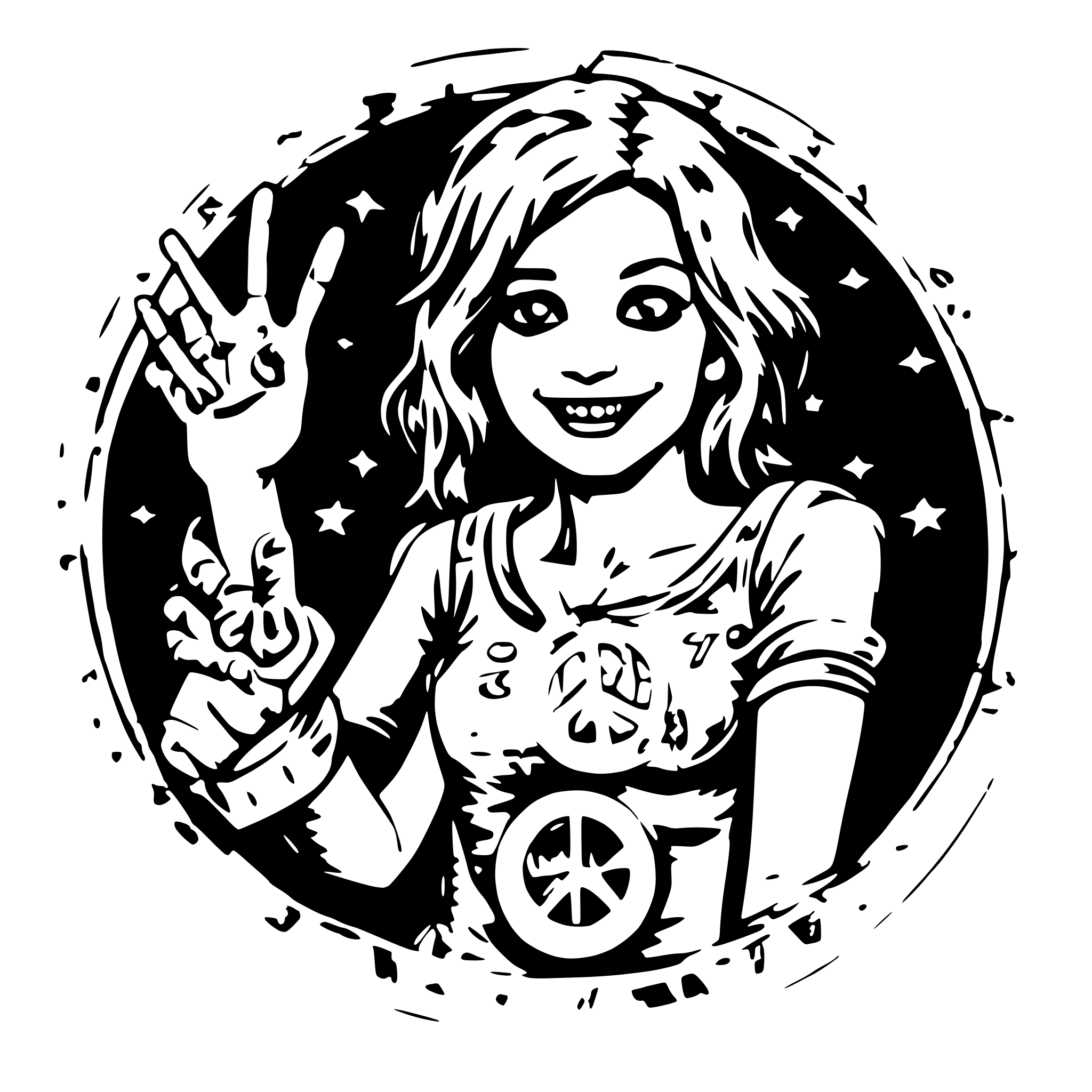AI-generated SVG of a Cute zombie girl with huge breasts smiling showing a peace gesture with her hand. 
Picture is encircled in a circle looking like monetary coin with stars and moon in the background.