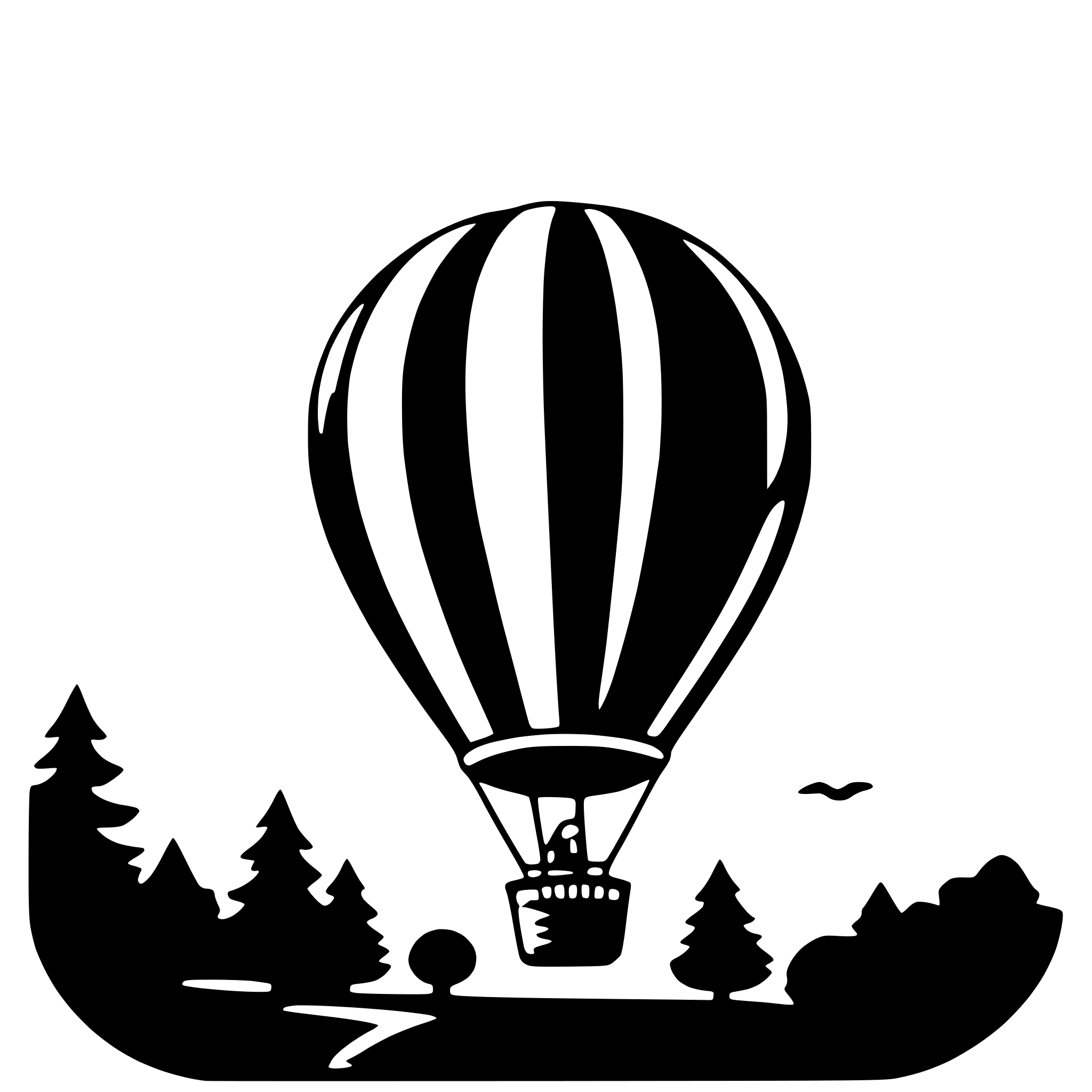 The SVG features a stylized depiction of a balloon with a basket attached to its base, floating above a landscape. The landscape includes a winding road, a small body of water, and a forest with trees and a single bird in flight. The balloon is the central object, and it appears to be in motion, as suggested by the direction of the wind lines. The overall style is simplistic and cartoonish, with bold outlines and minimal shading. 
