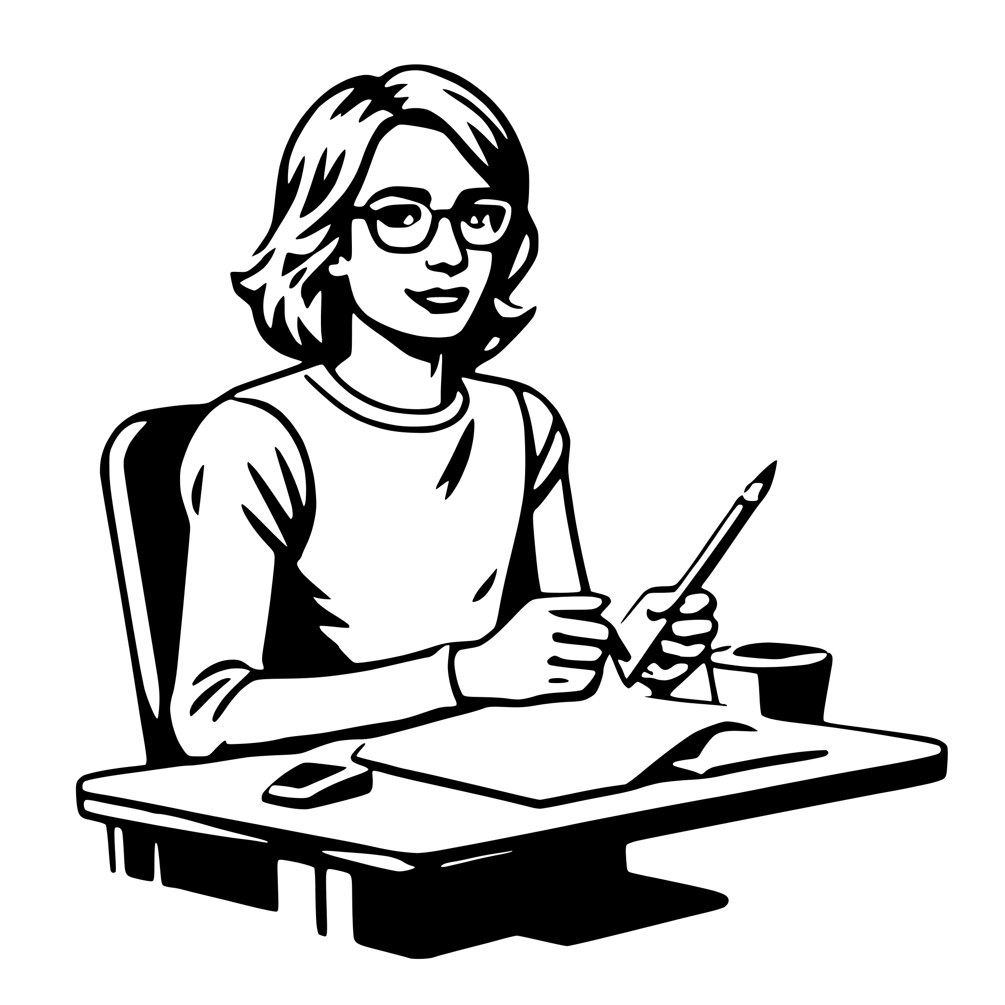 The SVG depicts a stylized black and white illustration of a person sitting at a desk. The individual appears to be a woman with short hair, wearing glasses and a long-sleeved shirt. She is holding a pen in her hand and is looking down at a piece of paper on the desk. The desk also has a cup and a phone on it. The person is seated on a chair, and the background is plain and does not provide any additional context or details. The SVG is simple and does not contain any text or additional elements. 